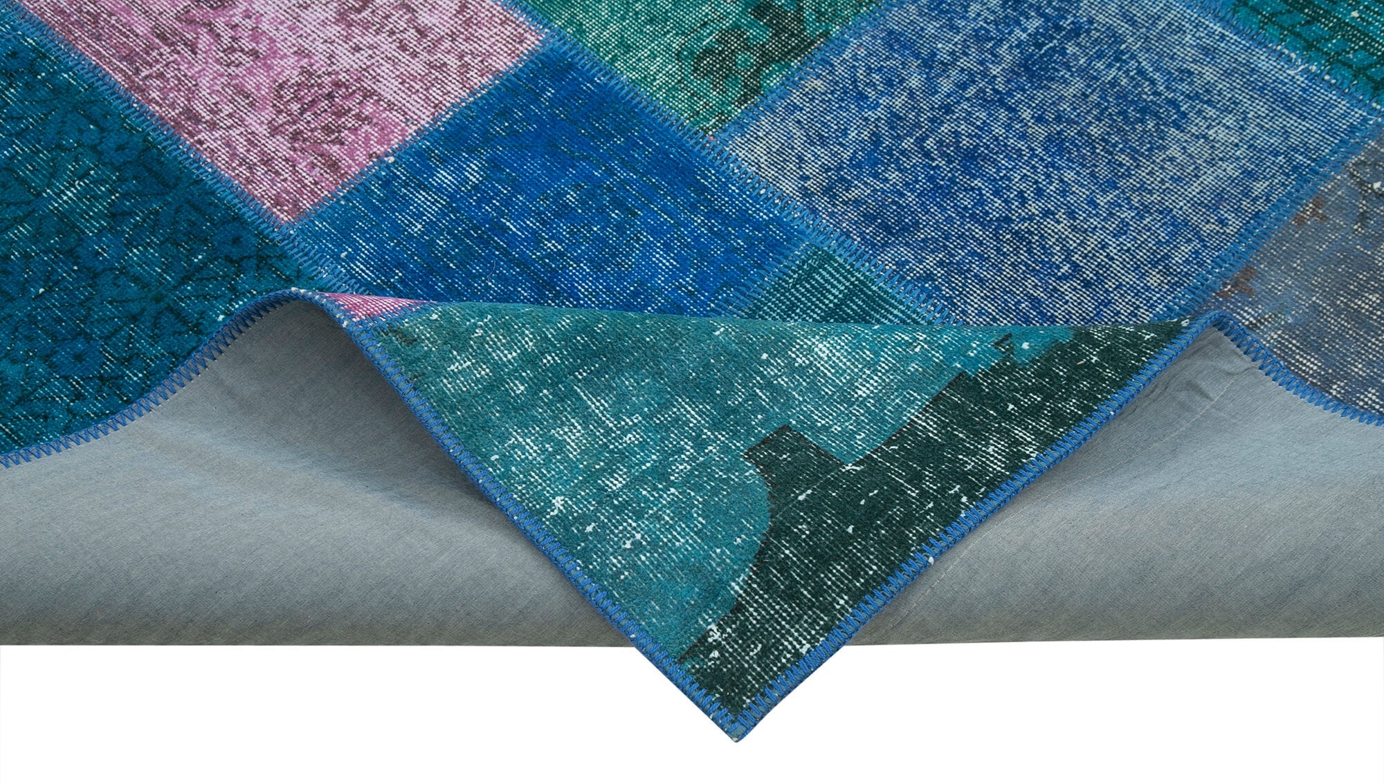Handmade Patchwork Rug - Blue Cotton Wool Rug, Vintage Turkish Carpet, Soft Wool Carpet
