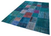 Handmade Area Rug – Turquoise Patchwork Cotton Wool Vintage Carpet 6'8''x9'10''
