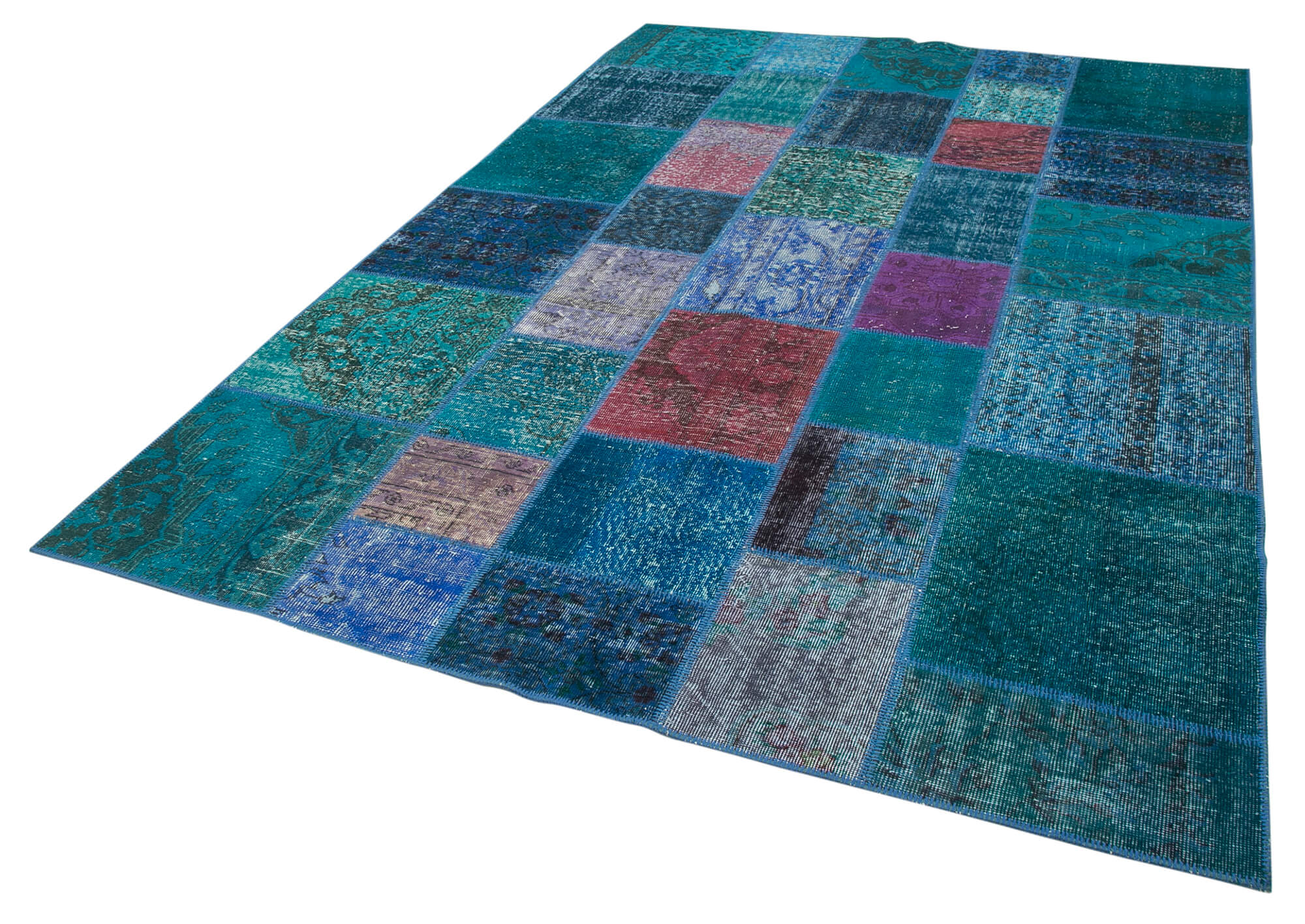 Handmade Area Rug – Turquoise Patchwork Cotton Wool Vintage Carpet 6'8''x9'10''