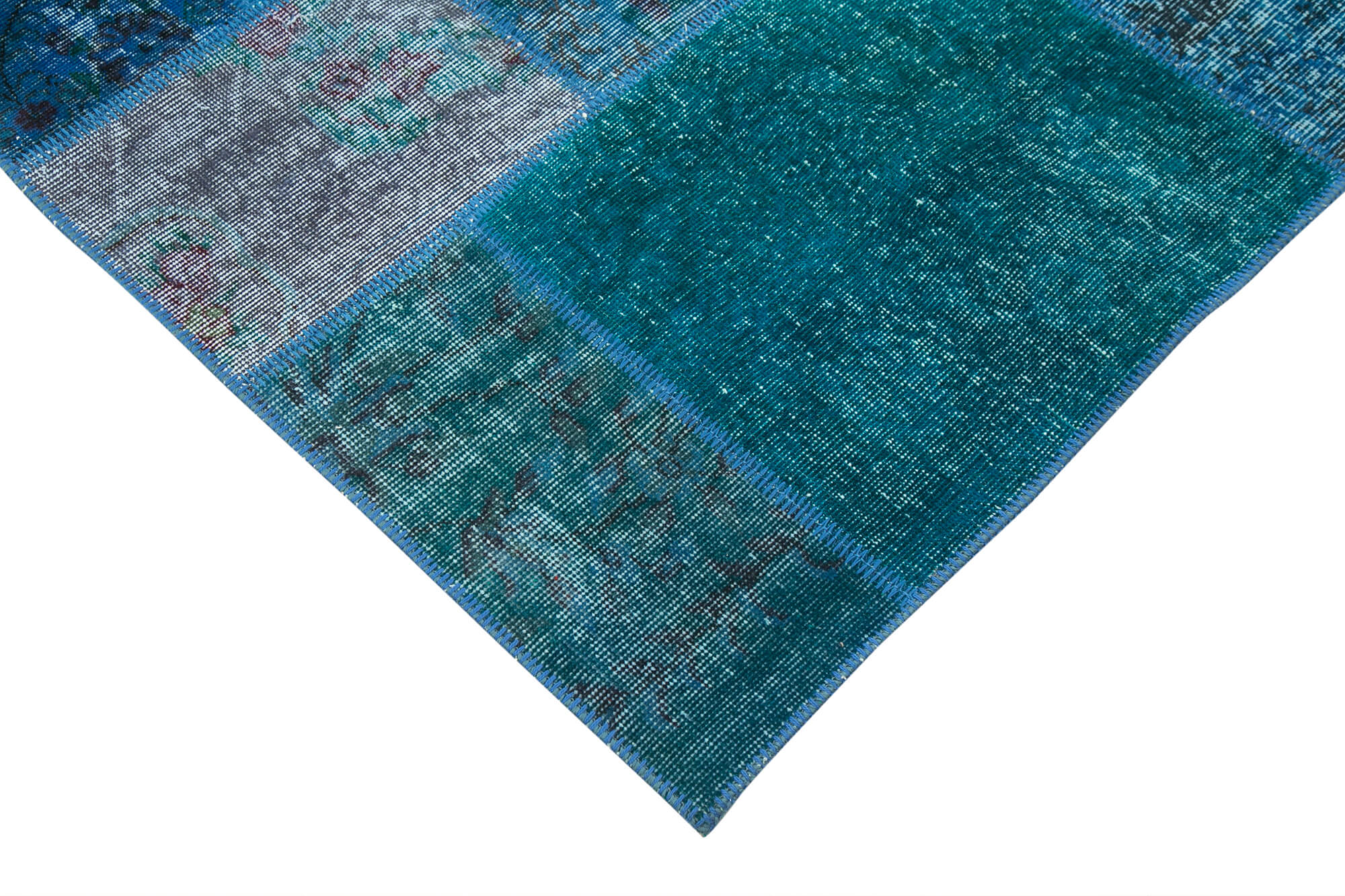 Handmade Area Rug – Turquoise Patchwork Cotton Wool Vintage Carpet 6'8''x9'10''