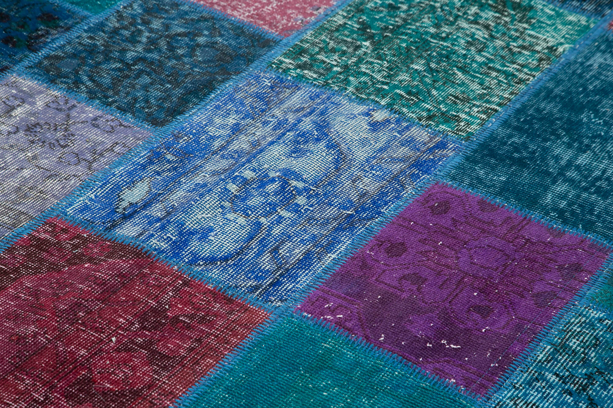 Handmade Area Rug – Turquoise Patchwork Cotton Wool Vintage Carpet 6'8''x9'10''