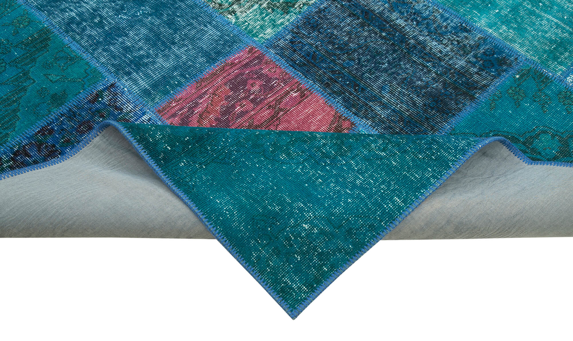 Handmade Area Rug – Turquoise Patchwork Cotton Wool Vintage Carpet 6'8''x9'10''