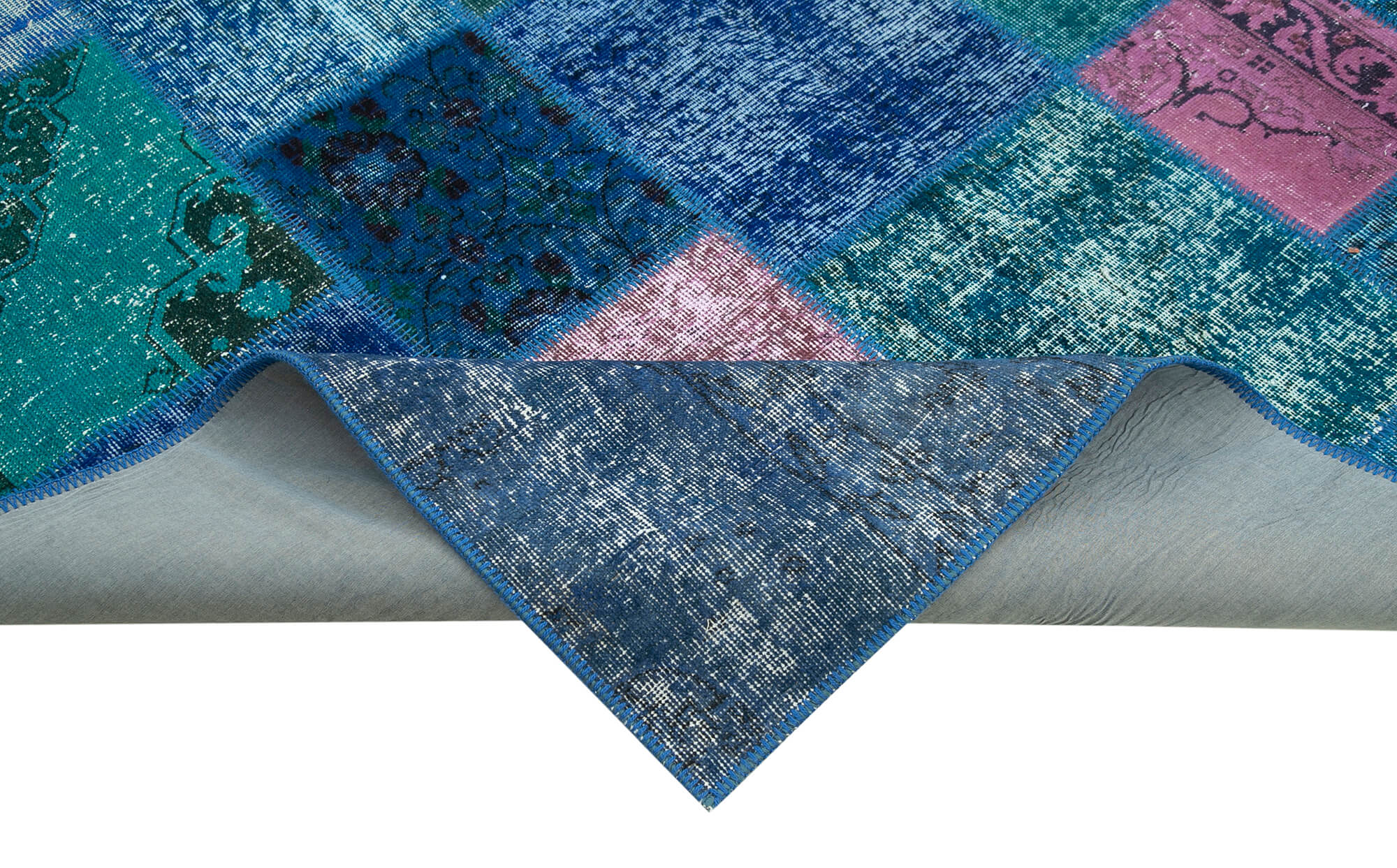 Handmade Patchwork Rug – Blue Area Rug Cotton Wool Durable Wool Carpet 6'8''x9'10''