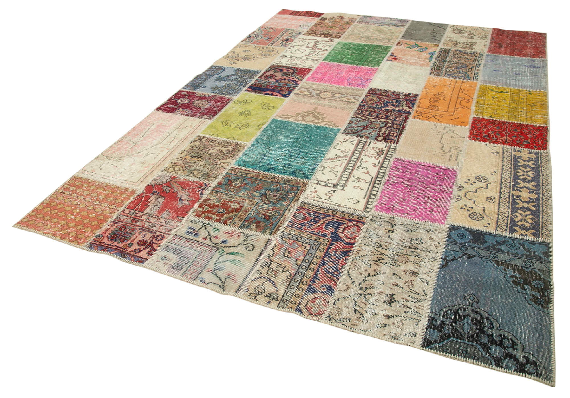 Handmade Area Rug - Pink Patchwork Cotton Wool Rug 6x9 Vintage Turkish Carpet