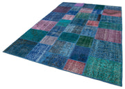 Handmade Wool Area Rug - Blue Patchwork Cotton Wool Rug 6'8''x9'10'' Durable