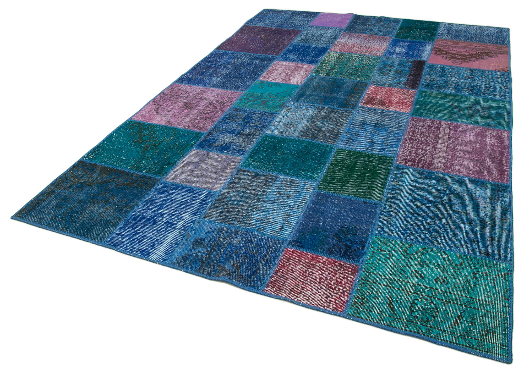 Handmade Wool Area Rug - Blue Patchwork Cotton Wool Rug 6'8''x9'10'' Durable