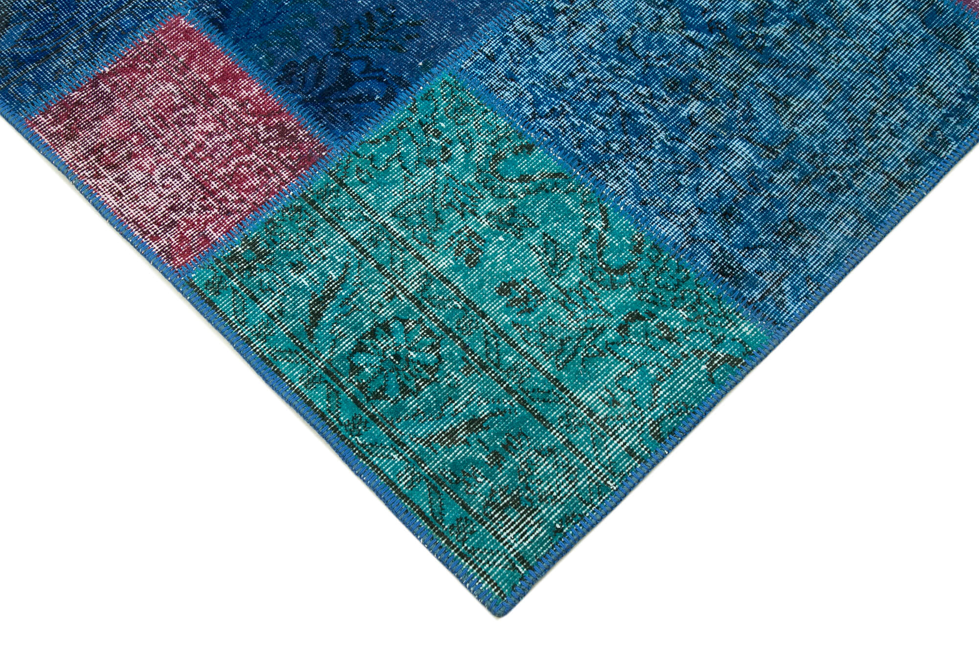 Handmade Wool Area Rug - Blue Patchwork Cotton Wool Rug 6'8''x9'10'' Durable