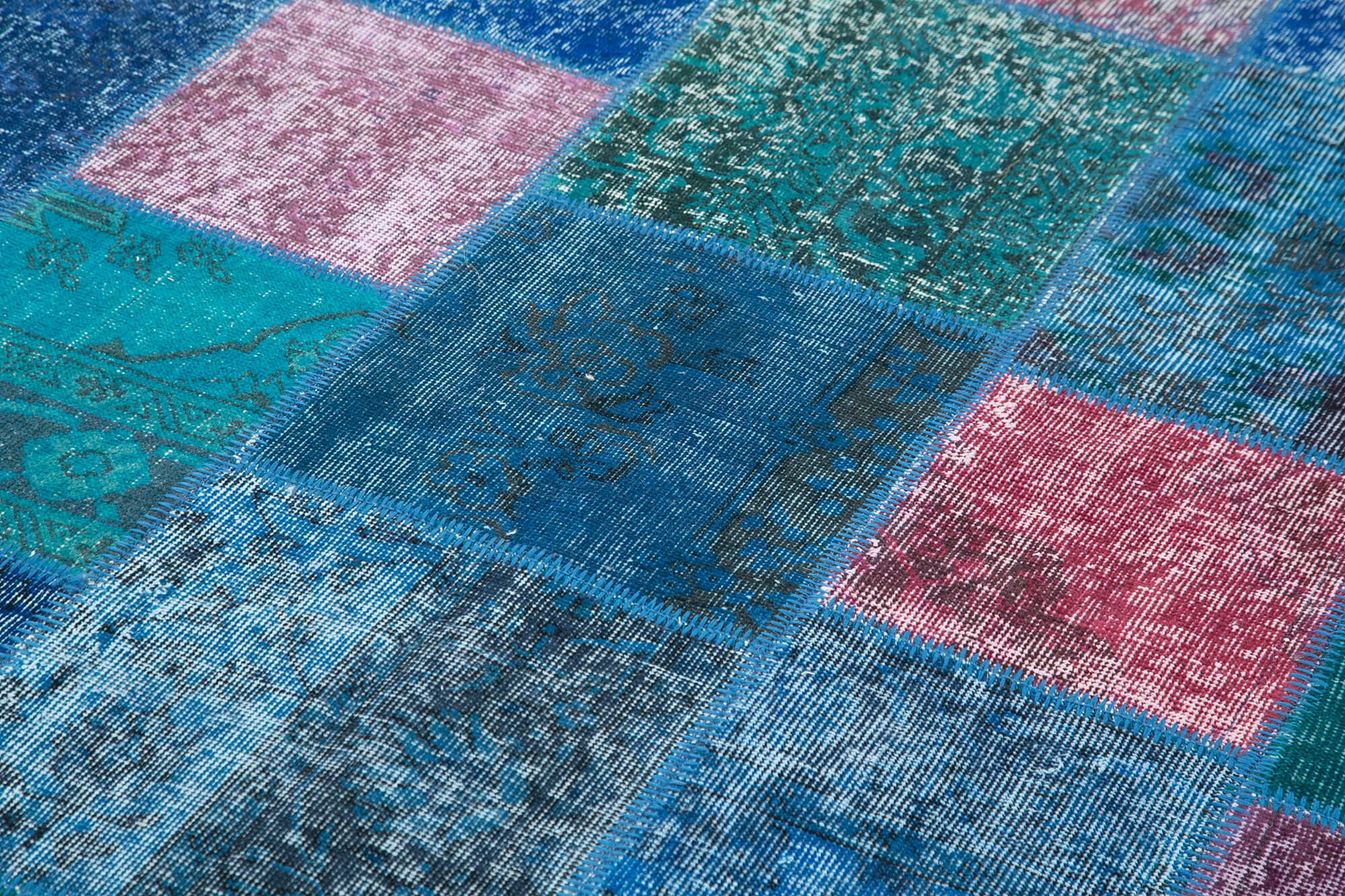 Handmade Wool Area Rug - Blue Patchwork Cotton Wool Rug 6'8''x9'10'' Durable
