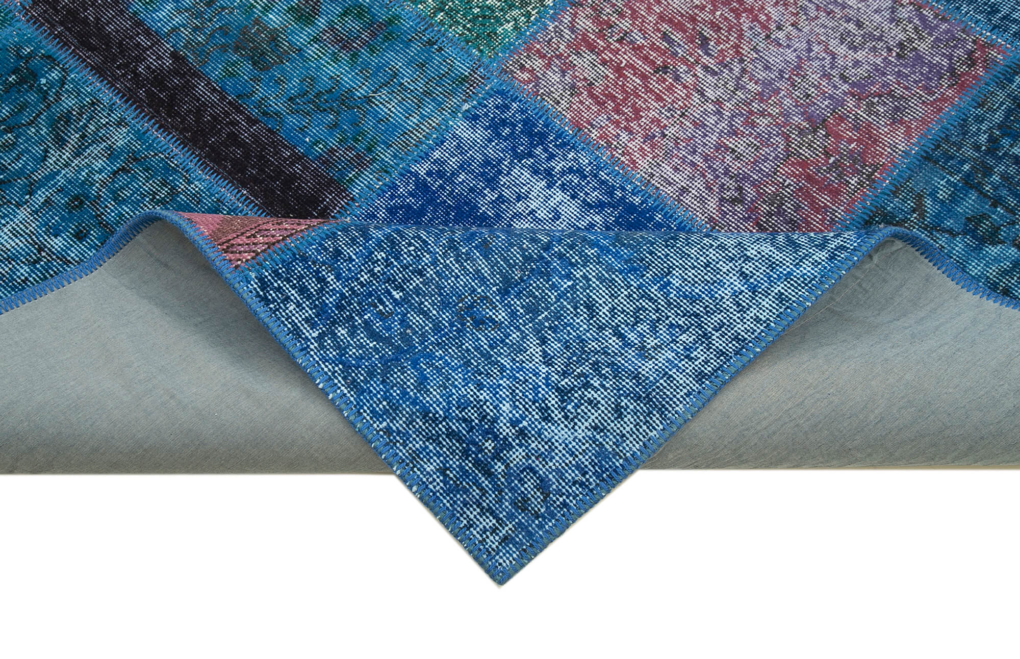 Handmade Wool Area Rug - Blue Patchwork Cotton Wool Rug 6'8''x9'10'' Durable