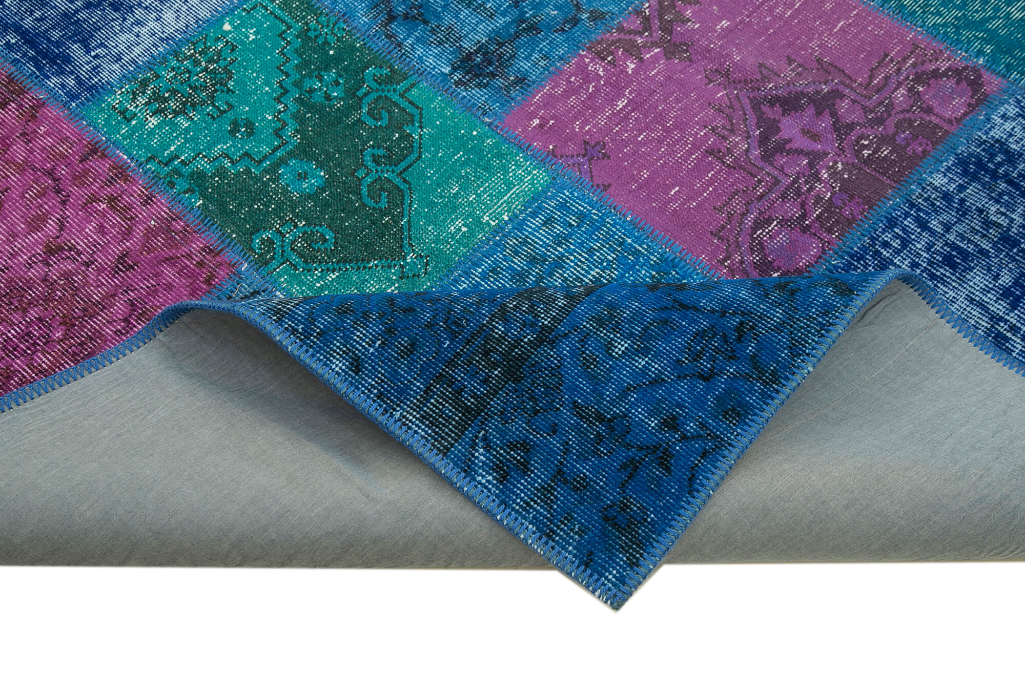 Handmade Area Rug – Blue Patchwork Cotton Wool Vintage Hand Woven Carpet 6'9''x9'10''