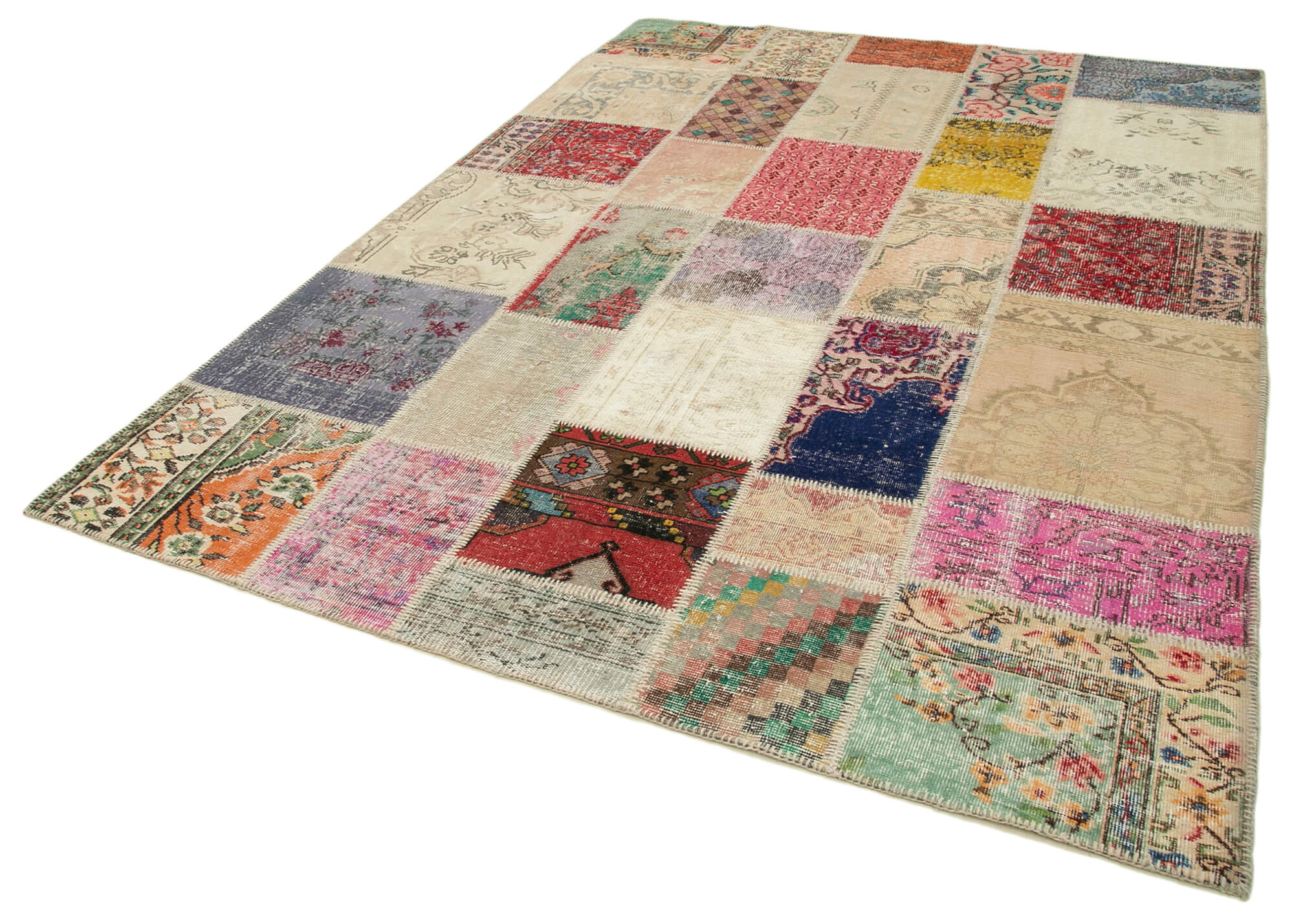 Handmade Patchwork Area Rug - Pink Cotton Wool Rug, Vintage Turkish Carpet 6'8''x9'7''