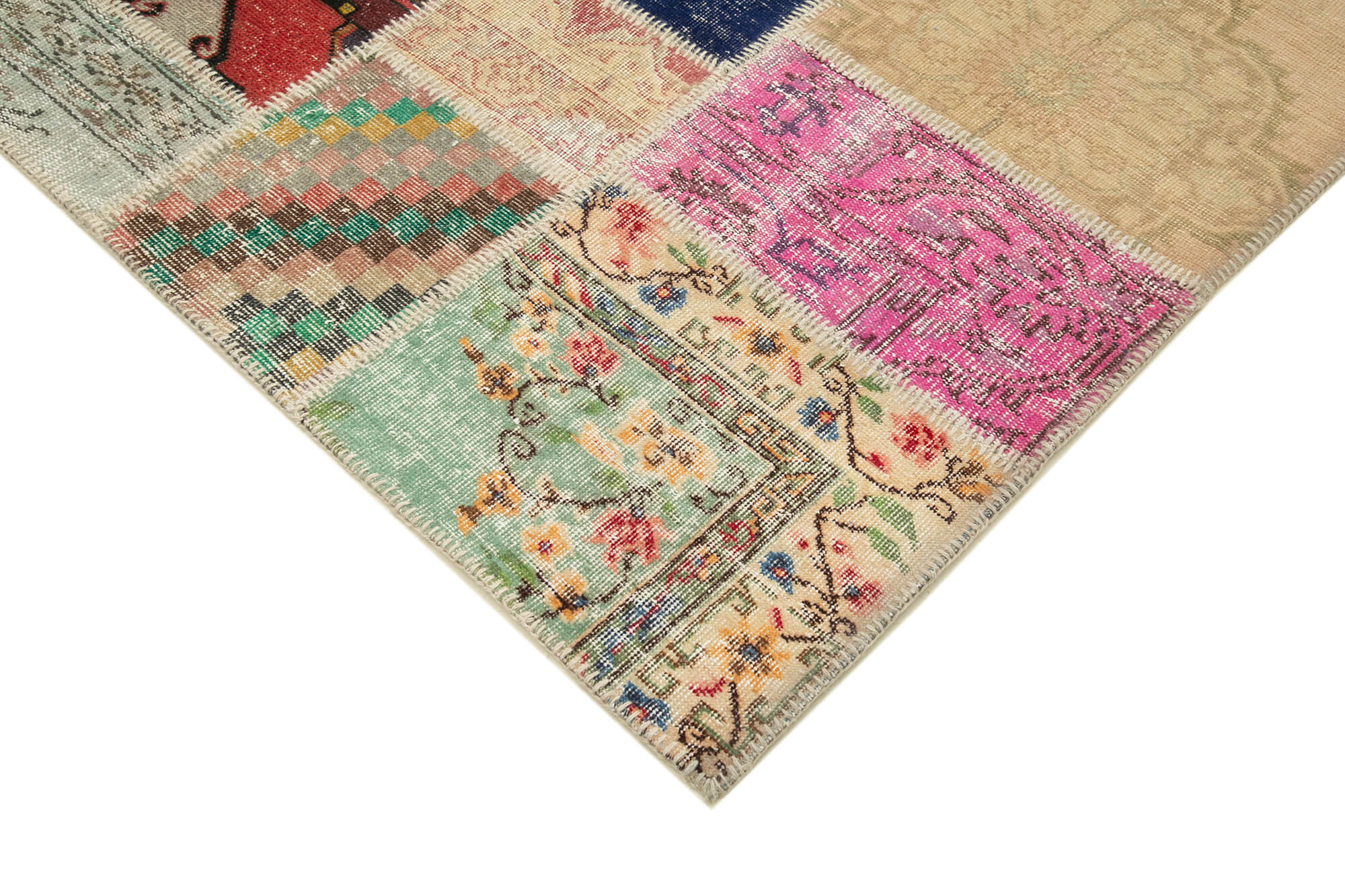 Handmade Patchwork Area Rug - Pink Cotton Wool Rug, Vintage Turkish Carpet 6'8''x9'7''
