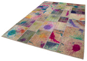 Handmade Area Rug - Pink Patchwork Turkish Wool Cotton Carpet 6'8" x 9'10"