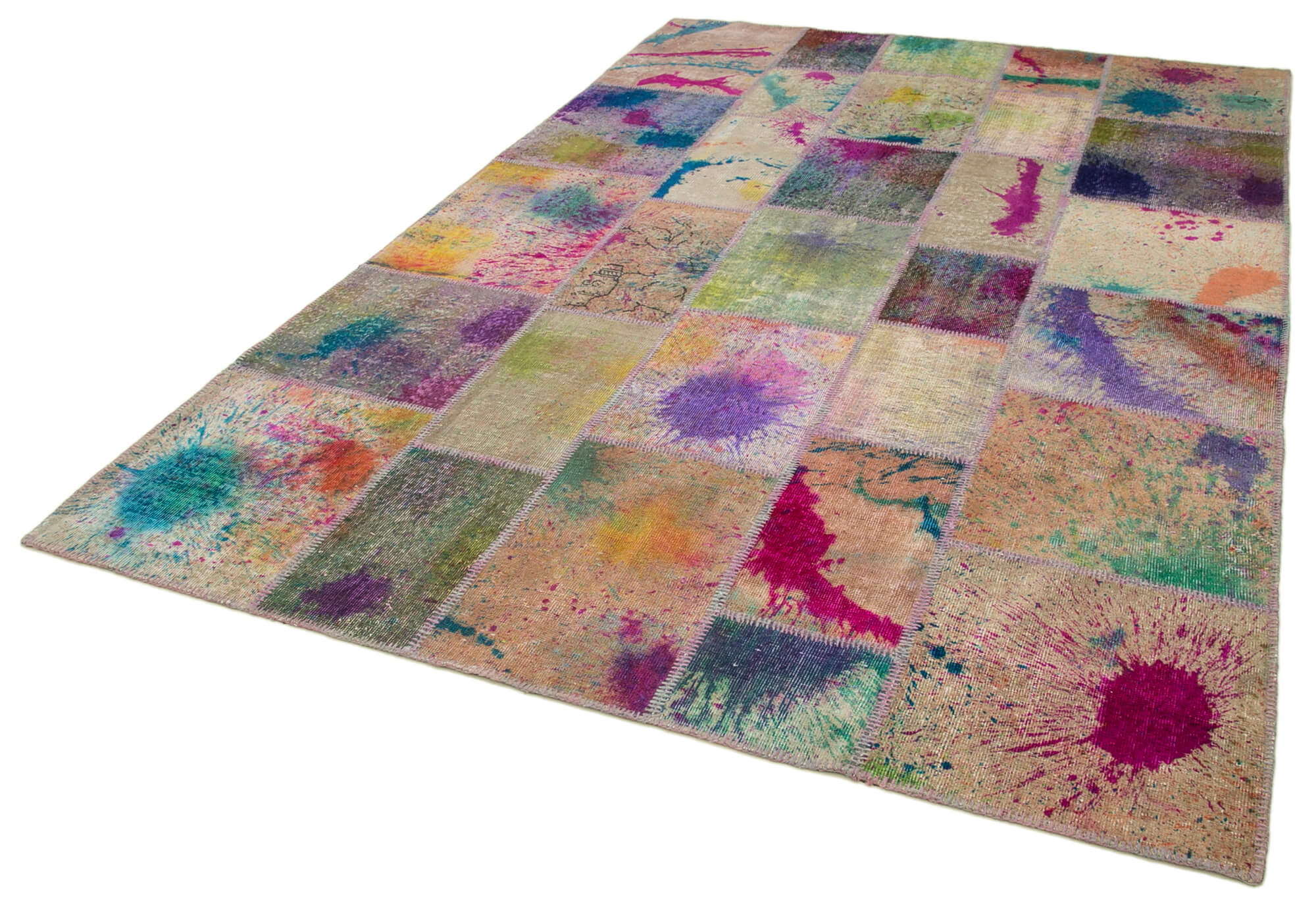 Handmade Area Rug - Pink Patchwork Turkish Wool Cotton Carpet 6'8" x 9'10"