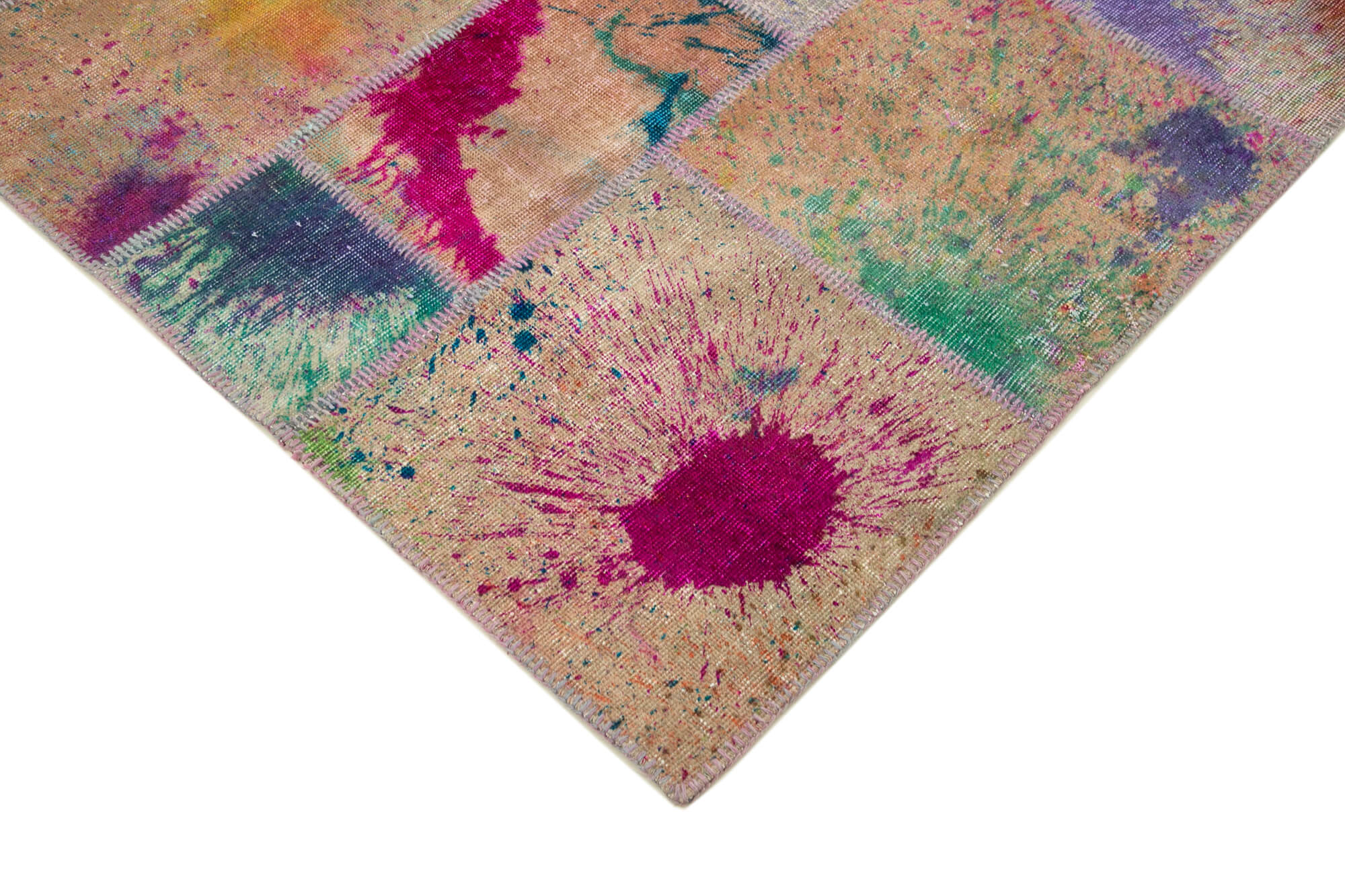 Handmade Area Rug - Pink Patchwork Turkish Wool Cotton Carpet 6'8" x 9'10"