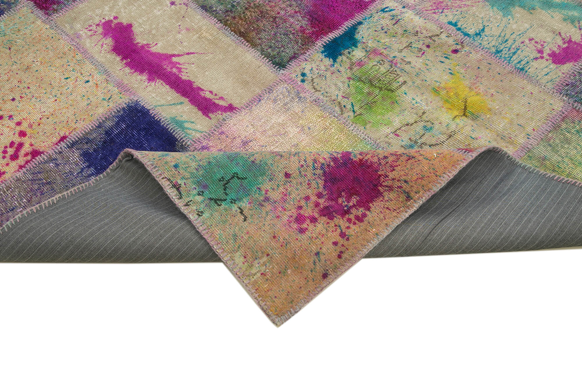 Handmade Area Rug - Pink Patchwork Turkish Wool Cotton Carpet 6'8" x 9'10"