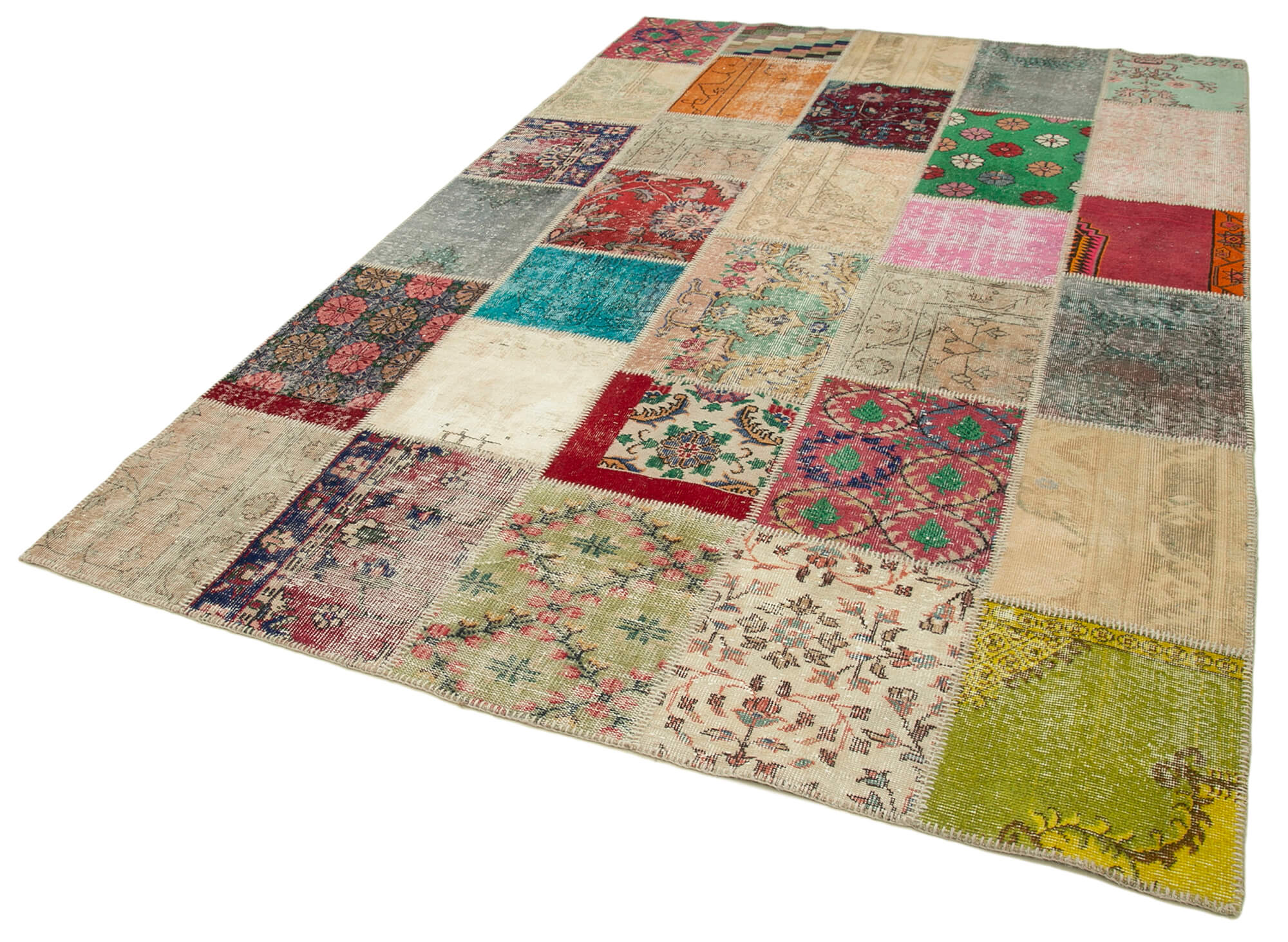 Handmade Area Rug - Pink Patchwork Cotton Wool Vintage Turkish Carpet 6'6"x10'
