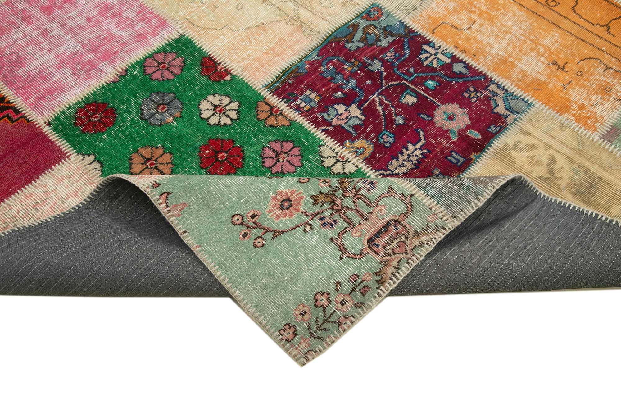 Handmade Area Rug - Pink Patchwork Cotton Wool Vintage Turkish Carpet 6'6"x10'