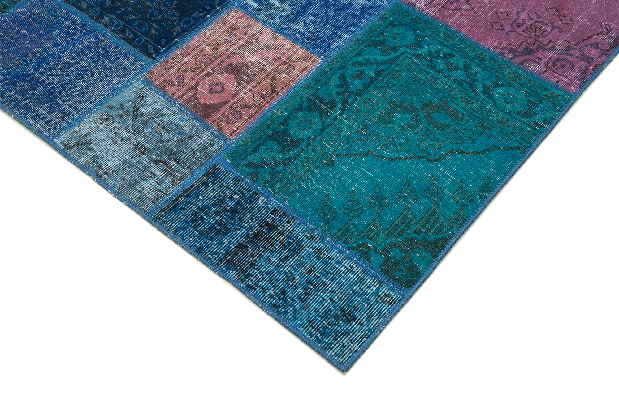 Handmade Patchwork Rug - Blue Patchwork Carpet Cotton Wool Area Rug 6'7''x9'8''