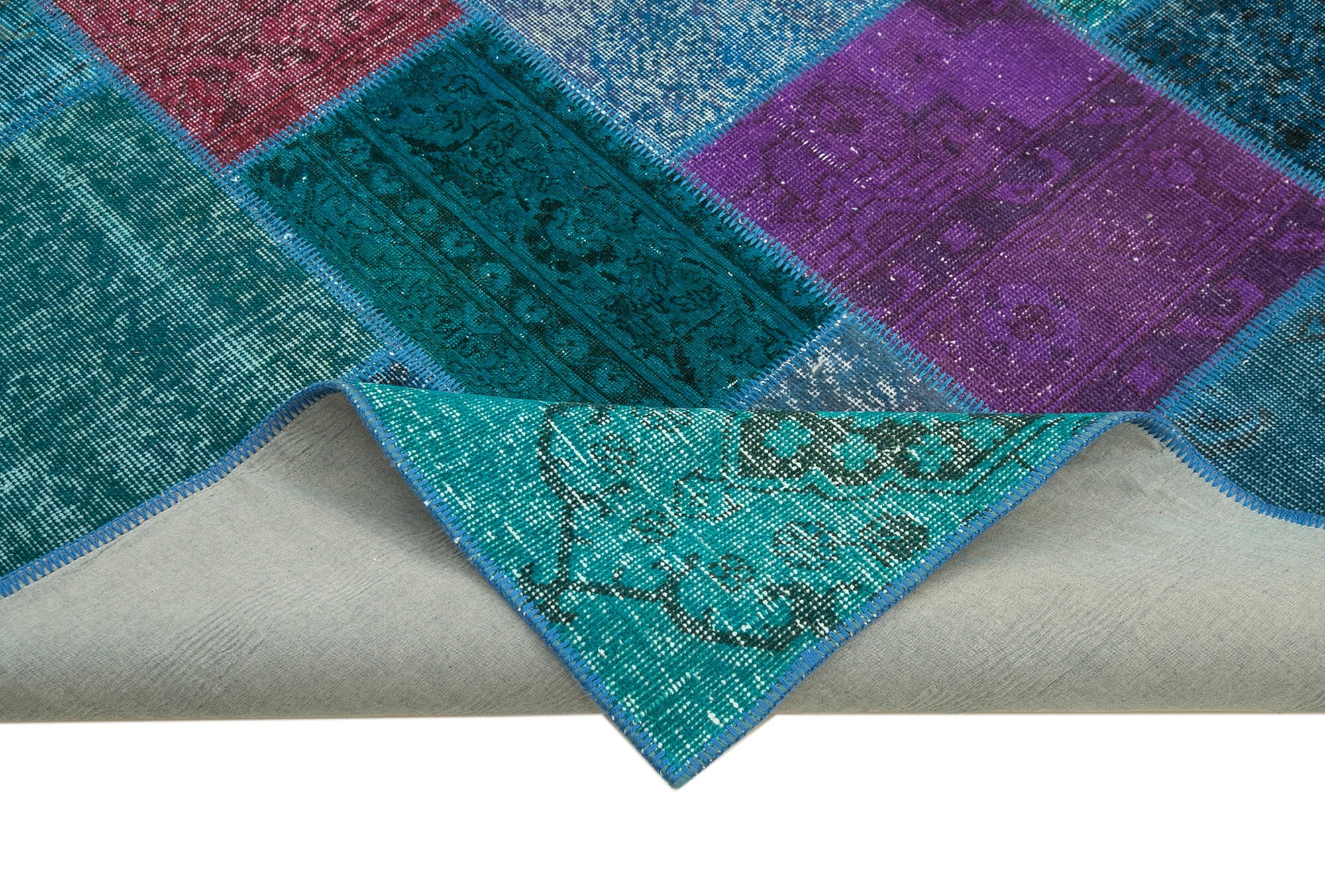 Handmade Patchwork Rug - Blue Patchwork Carpet Cotton Wool Area Rug 6'7''x9'8''