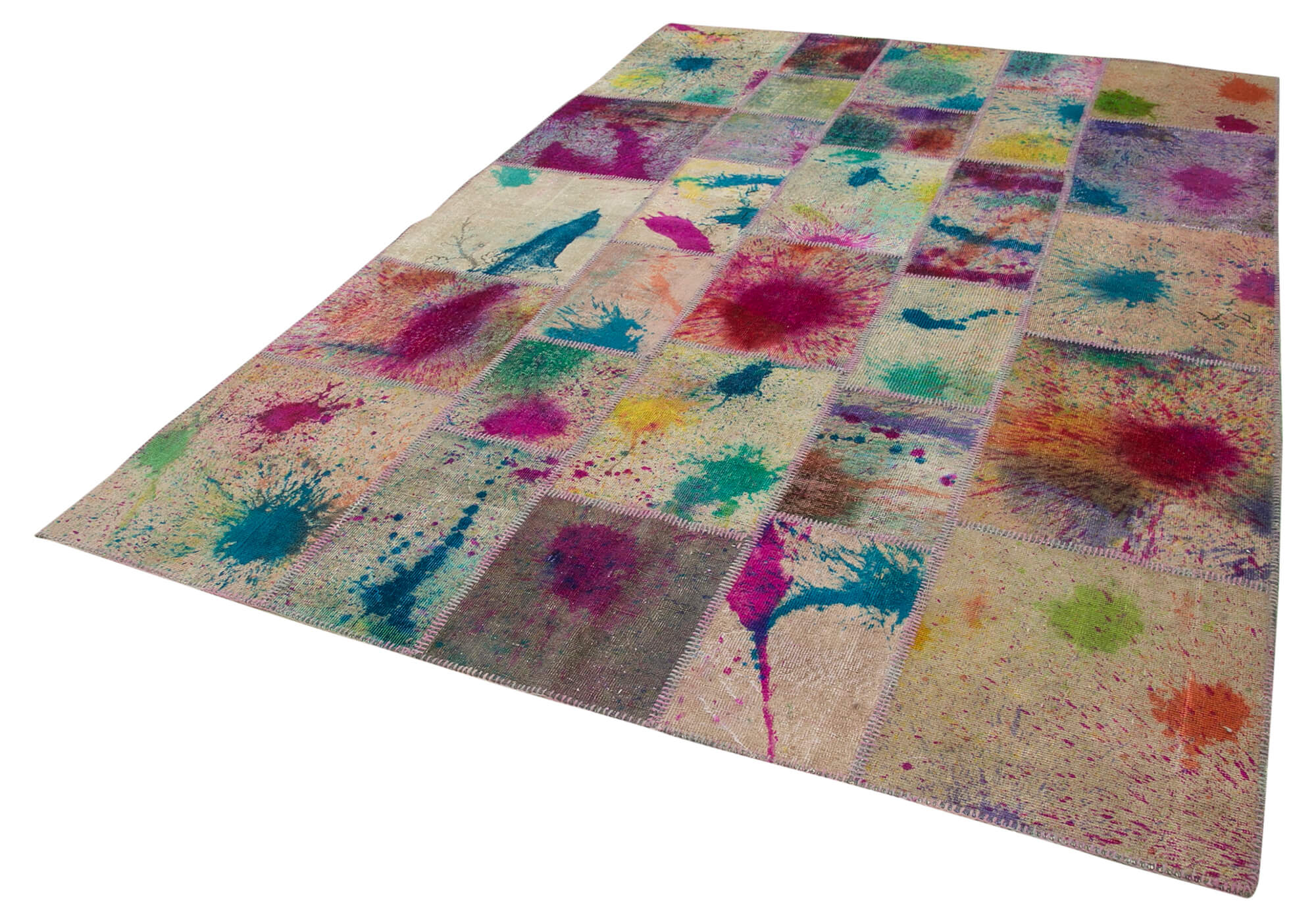 Handmade Patchwork Rug - Pink Patchwork Carpet Cotton Wool Area Rug 6'8''x9'9''