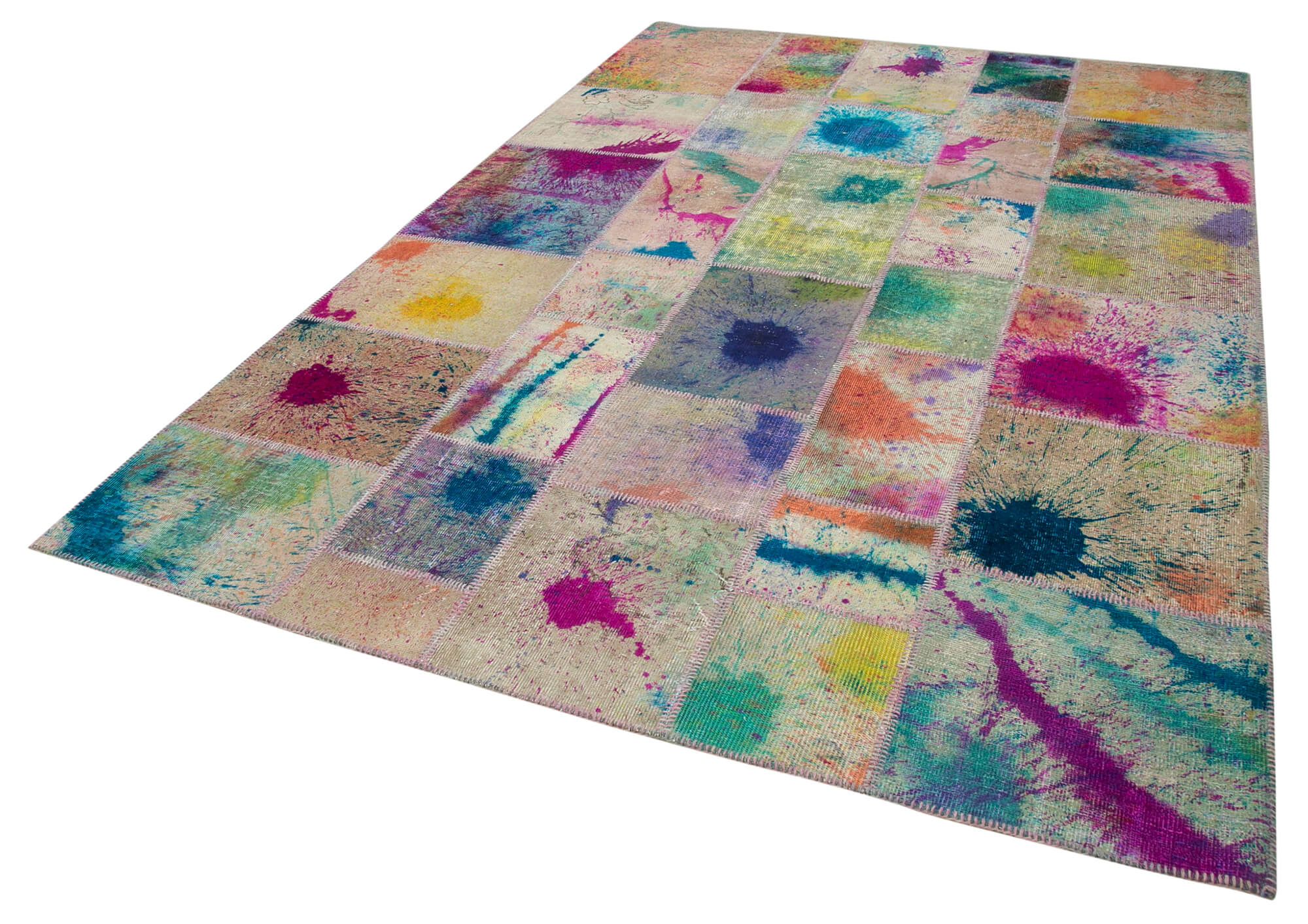 Handmade Area Rug – Pink Patchwork Cotton Wool Rug 6'9'' x 10'0'' for Living Room