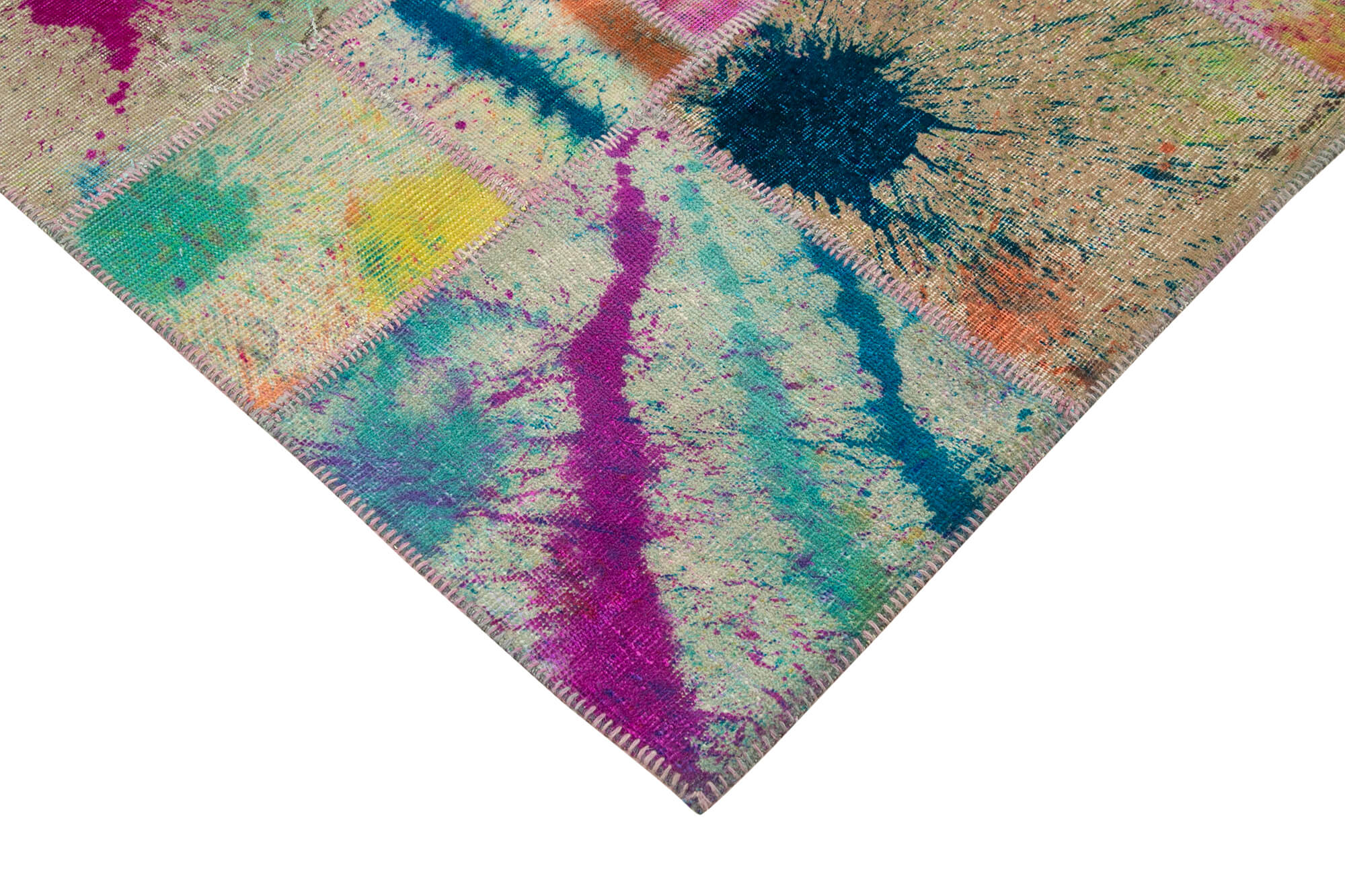 Handmade Area Rug – Pink Patchwork Cotton Wool Rug 6'9'' x 10'0'' for Living Room