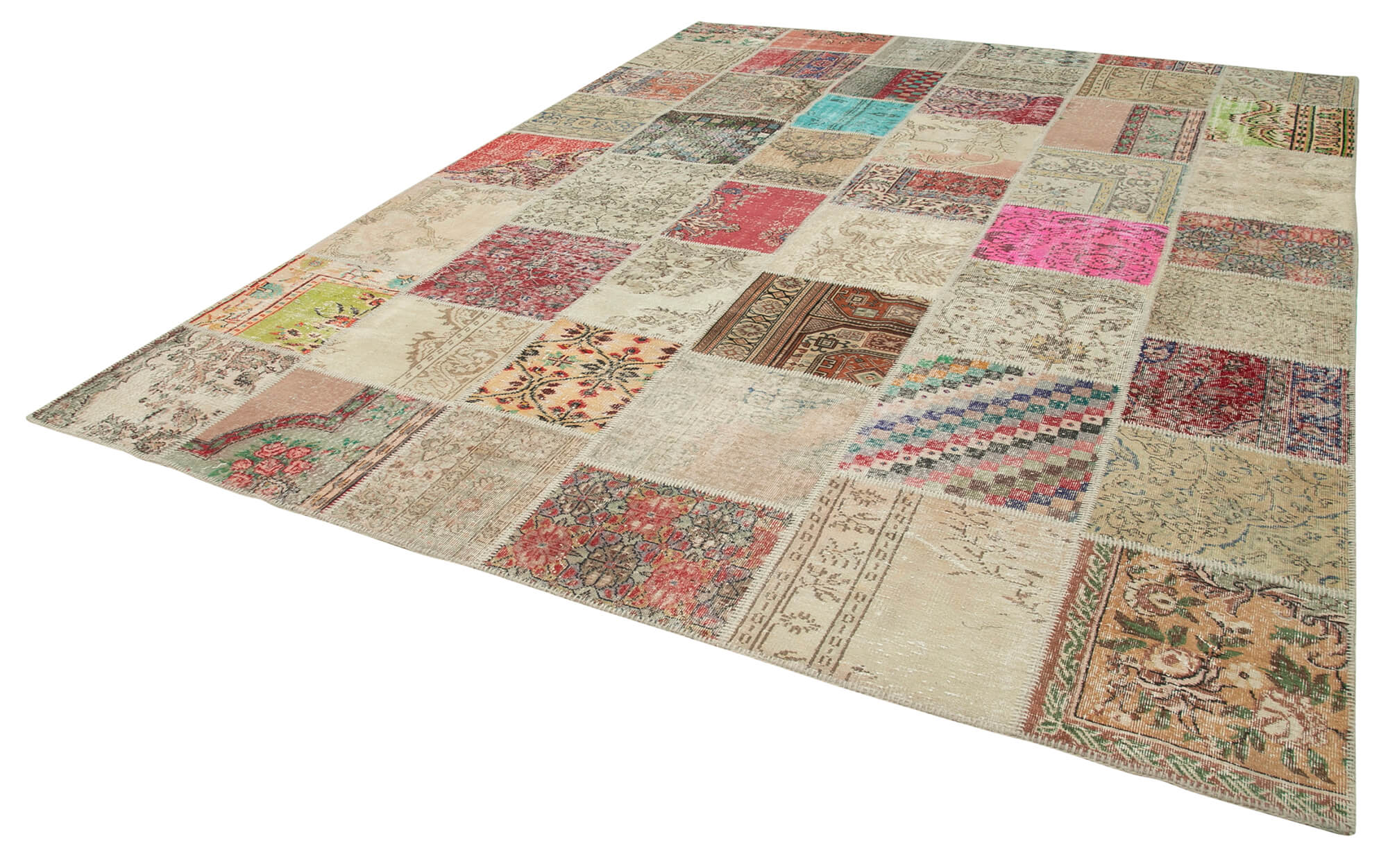 Handmade Area Rug – Beige Patchwork Cotton Wool Vintage Handwoven Carpet 9'11''x13'2''