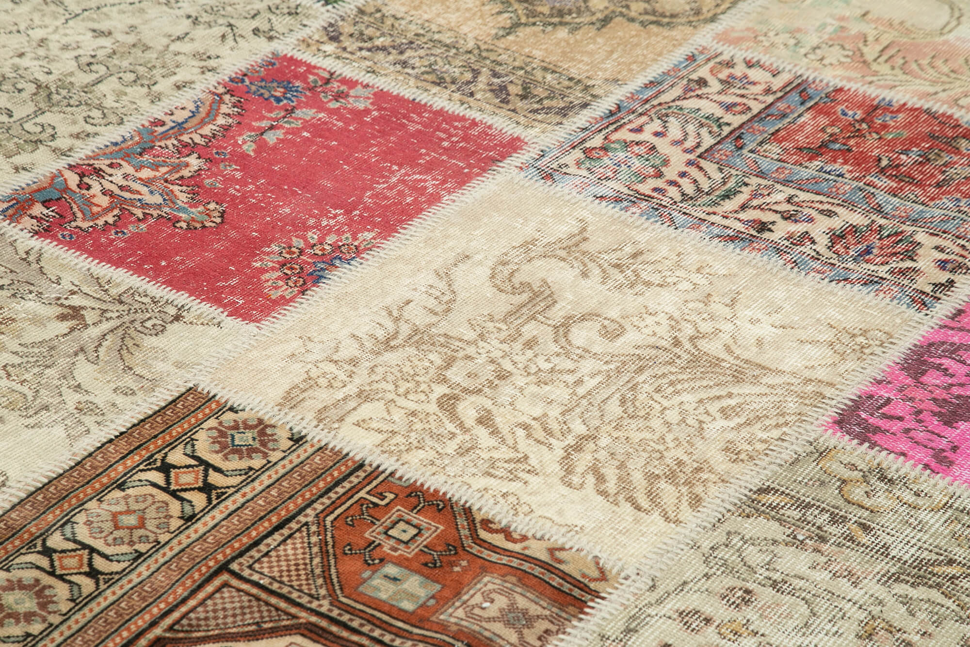 Handmade Area Rug – Beige Patchwork Cotton Wool Vintage Handwoven Carpet 9'11''x13'2''