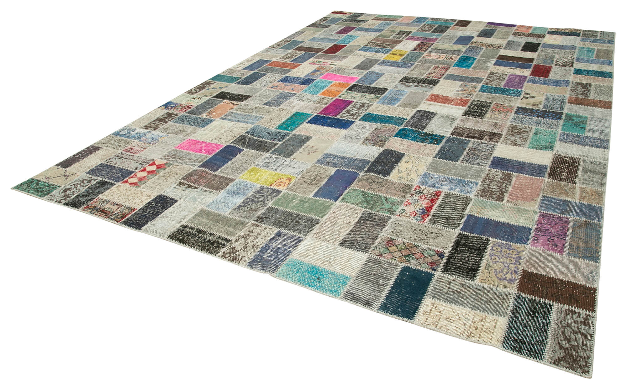 Handmade Area Rug - Pink Patchwork Cotton Wool Turkish Wool Rug 9'8" x 13'6"