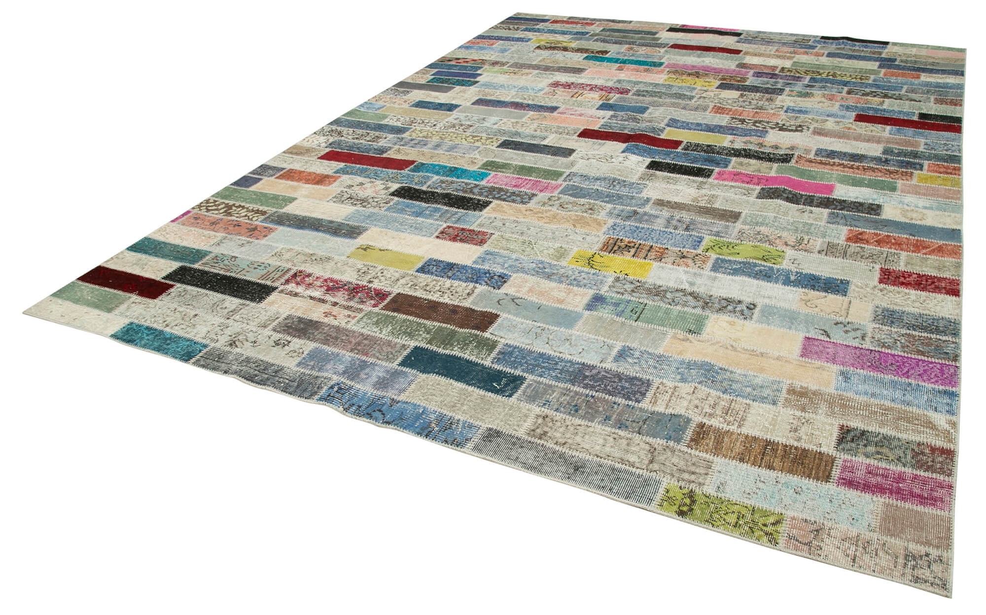 Handmade Area Rug - Pink Patchwork Cotton Wool Vintage Carpet 9'10" x 13'4"