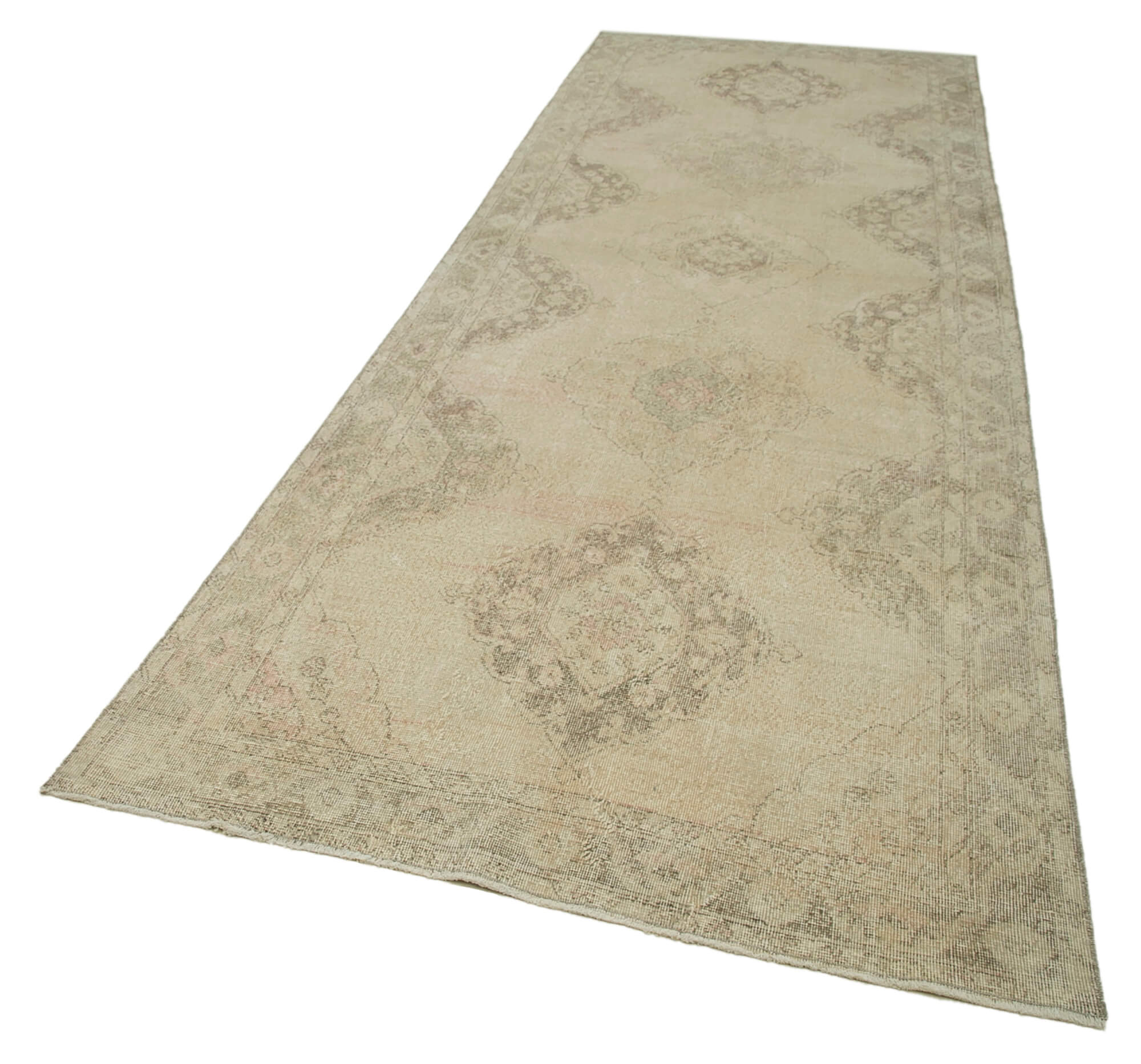 Handmade Vintage Area Rug | Turkish Wool Rug, Cotton Wool Blend, Neutral Tone 4'5'' x 12'8''