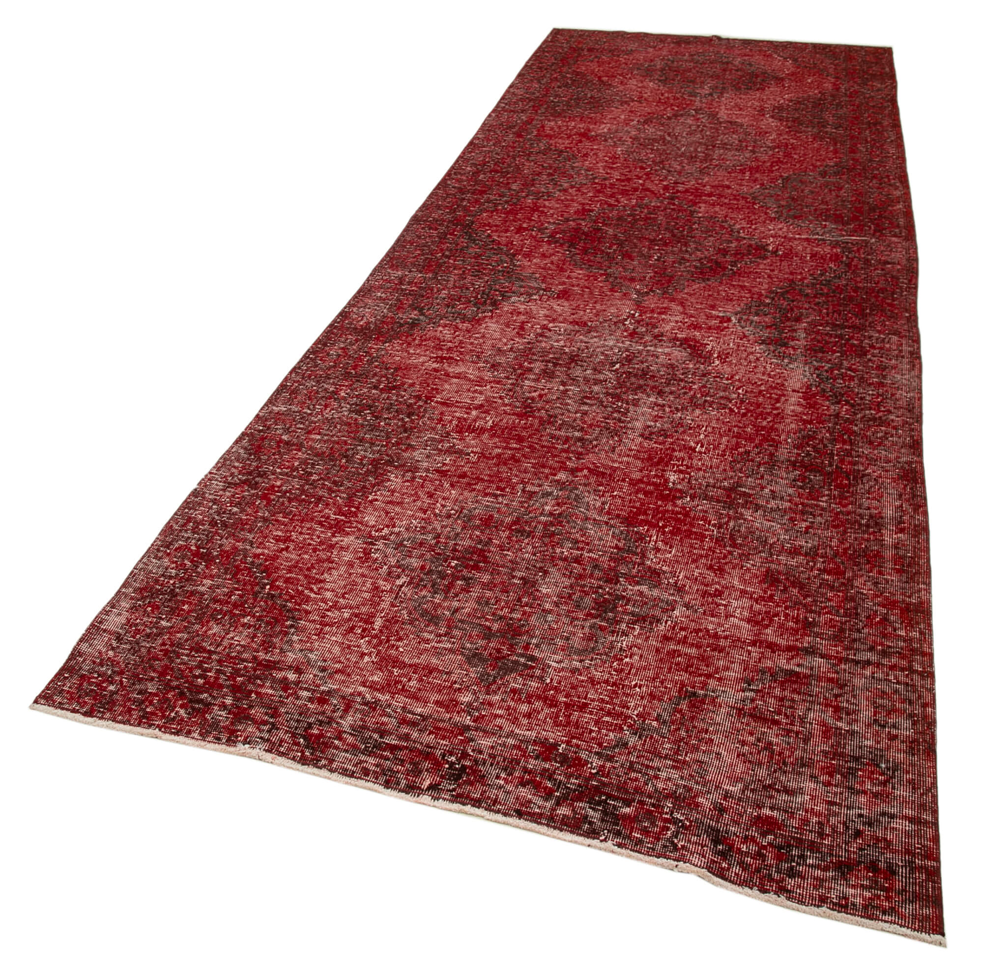 Handmade Wool Area Rug - Vintage Cotton Rug Red 4'5''x12'6'' Durable Wool Material