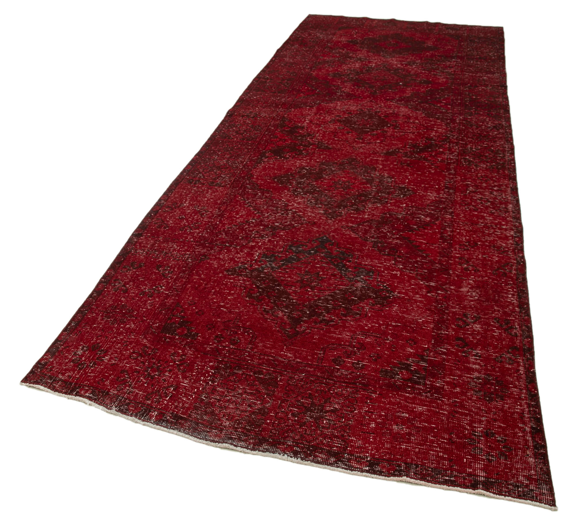Handmade Vintage Area Rug - Red Turkish Wool Rug 4'8''x13'0'' | Durable Cotton Weave