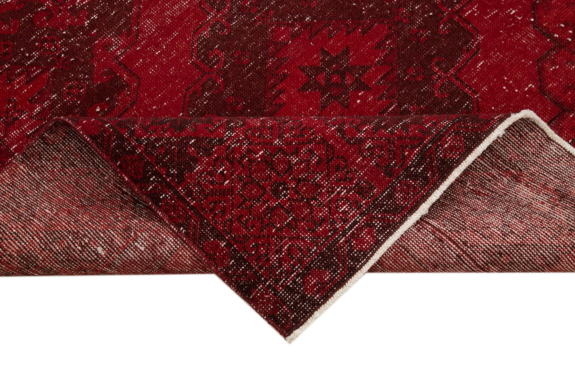 Handmade Vintage Area Rug - Red Turkish Wool Rug 4'8''x13'0'' | Durable Cotton Weave