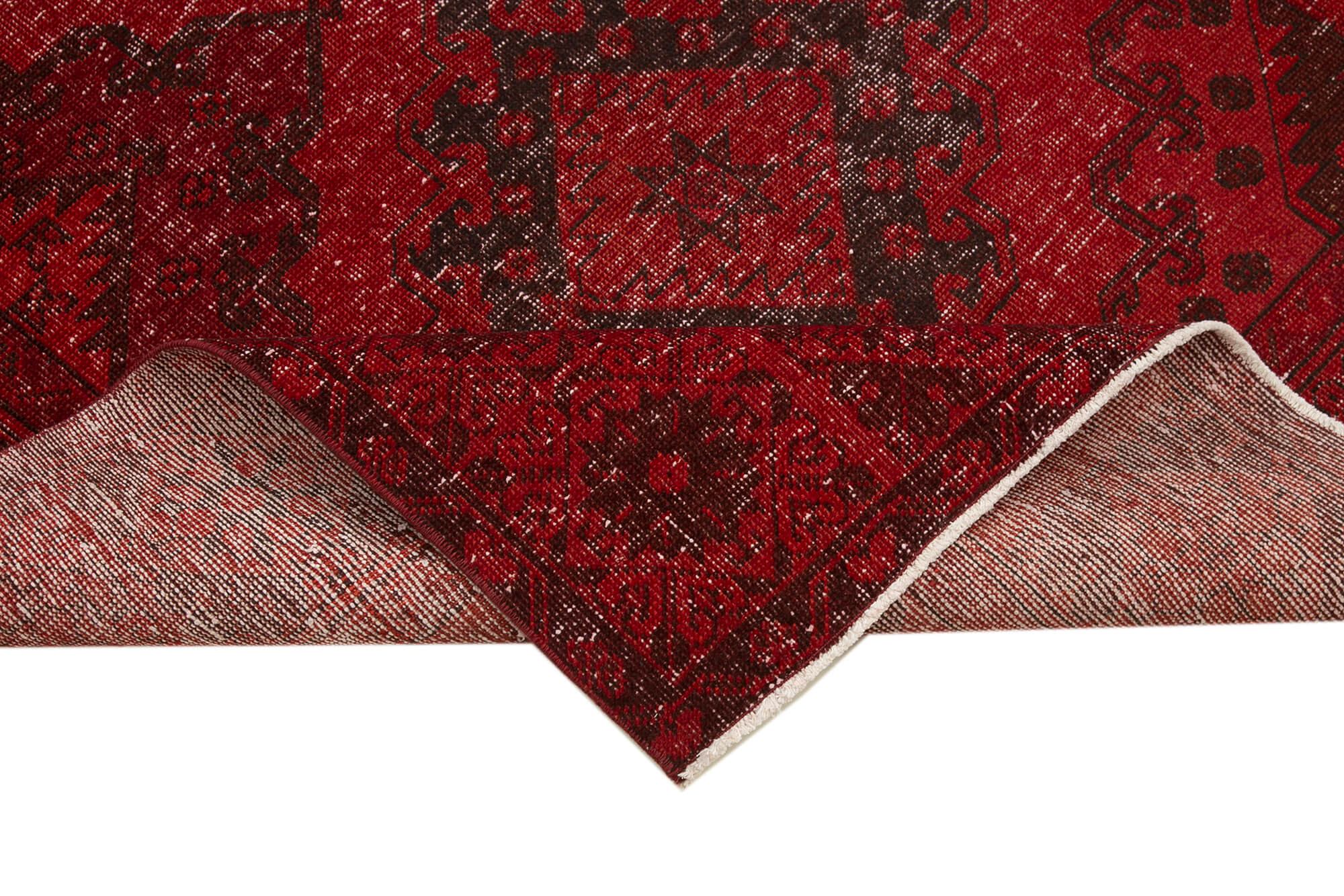 Handmade Wool Area Rug - Vintage Cotton Rug 4'9''x12'8'' | Red Turkish Wool Carpet