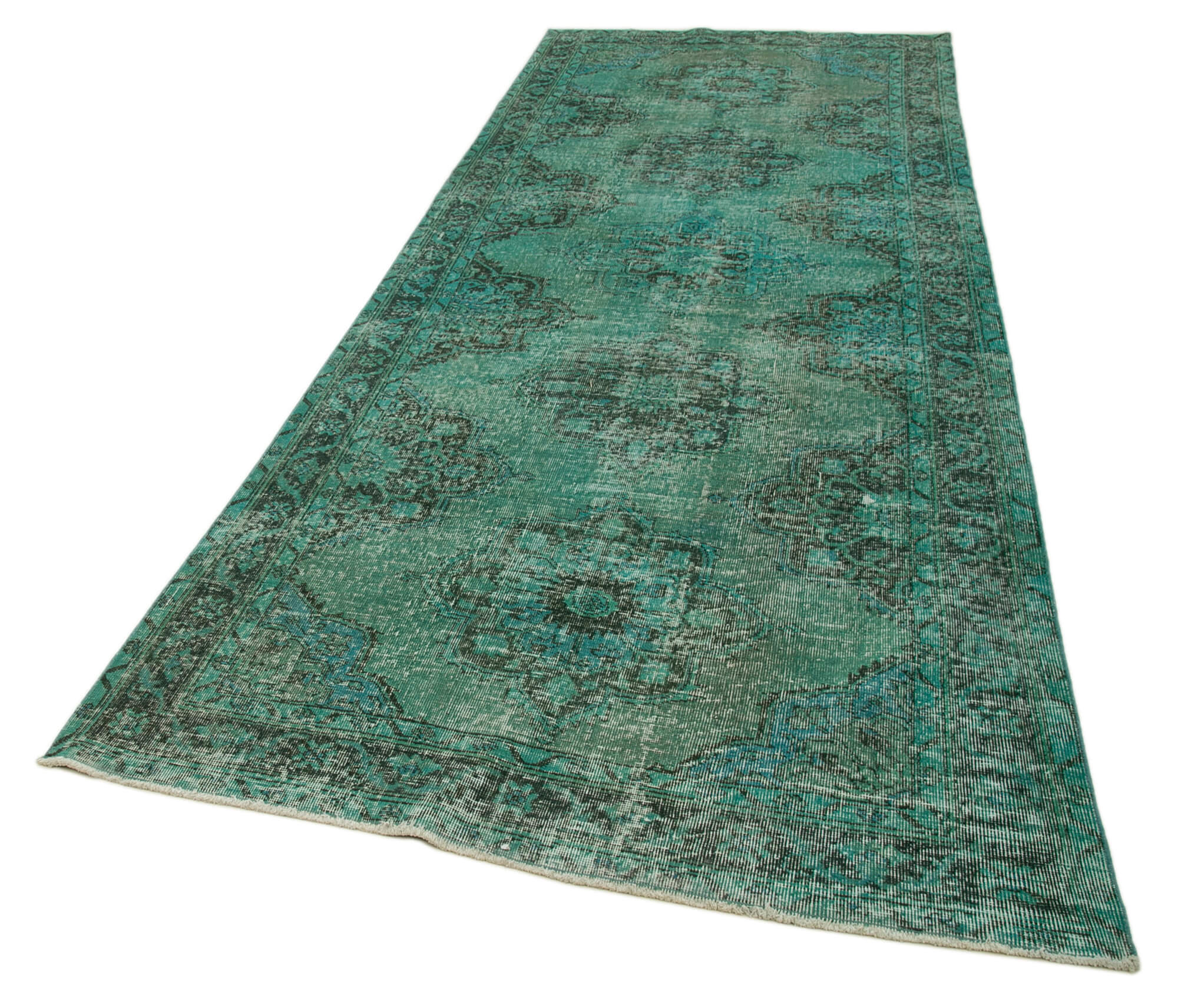 Vintage Handmade Area Rug - Turquoise Cotton Wool Carpet | Hand Woven Rug 4'10"x12'6"