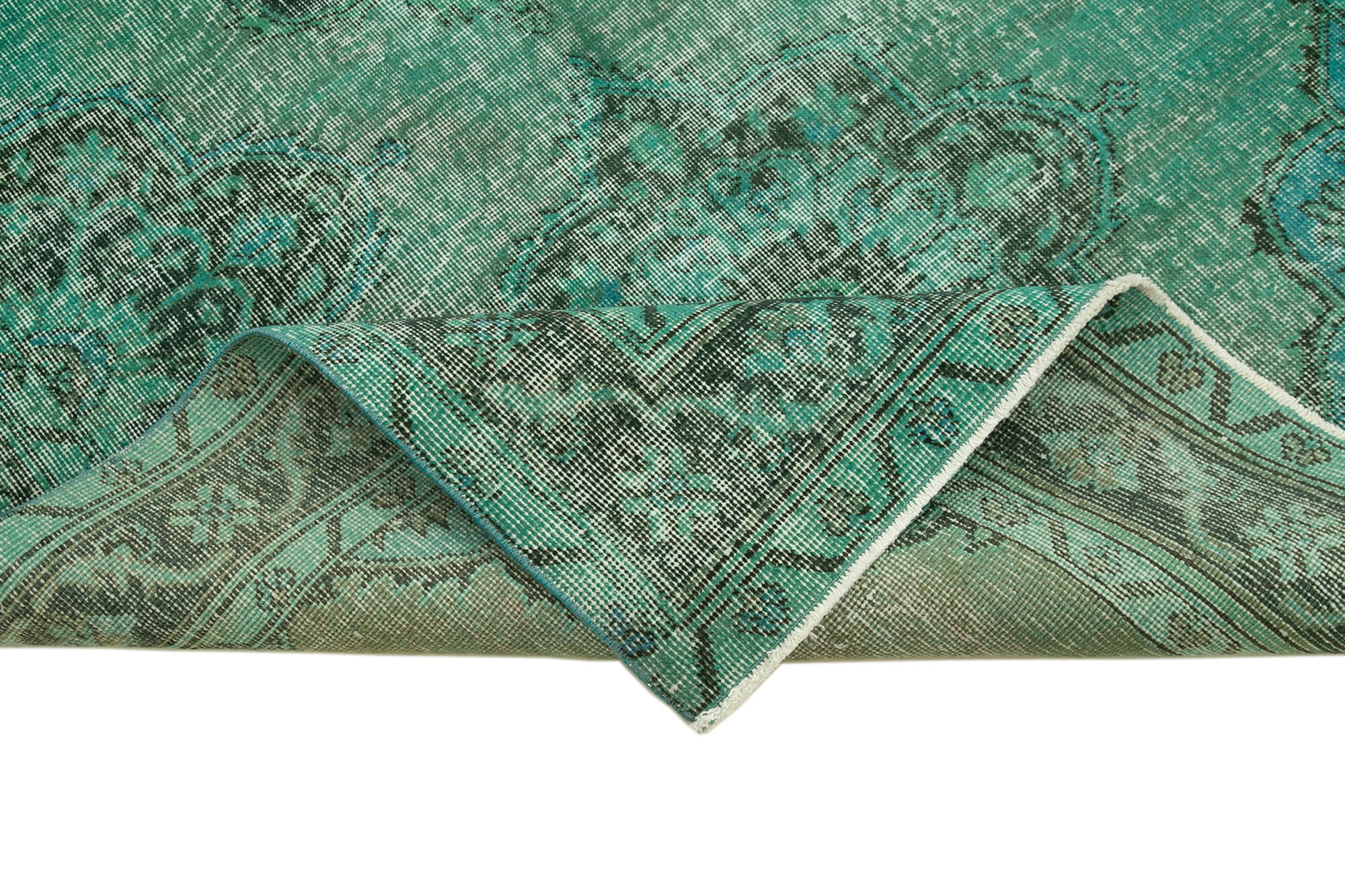 Vintage Handmade Area Rug - Turquoise Cotton Wool Carpet | Hand Woven Rug 4'10"x12'6"