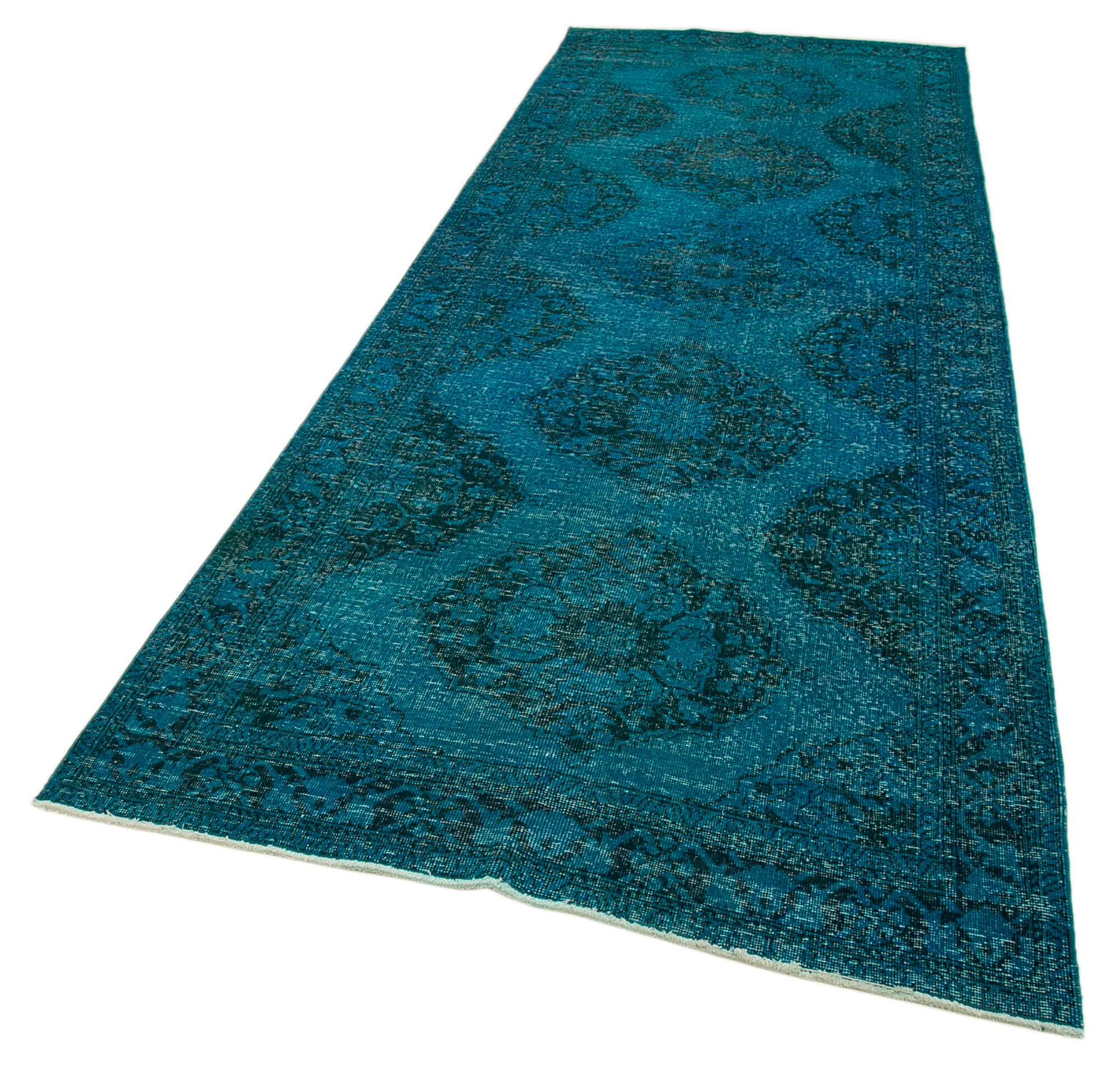 Vintage Cotton Wool Rug - Handmade Area Rug 4'6'' x 12'10'' Turquoise Wool Carpet