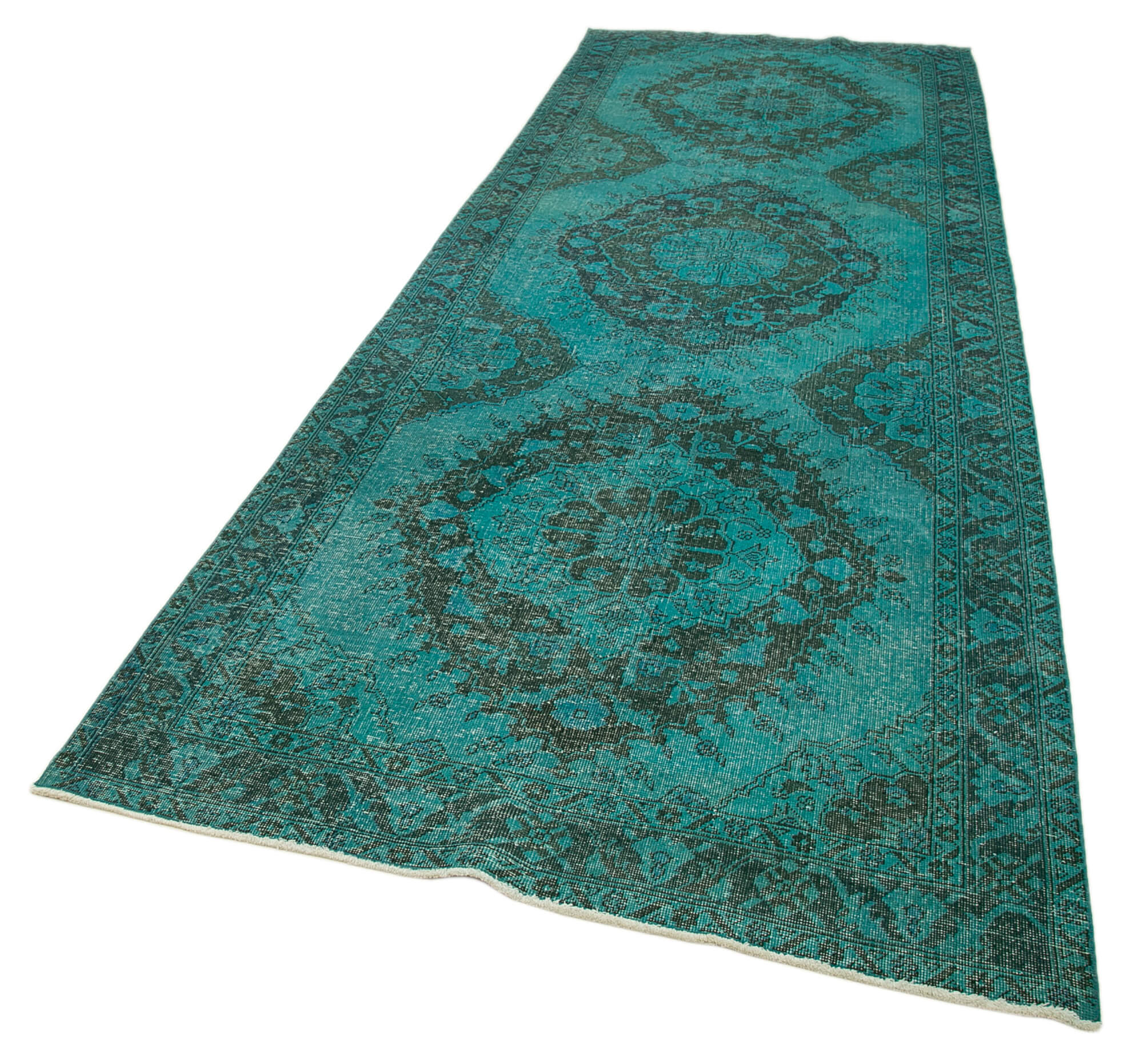 Zile Turquoise Vintage Cotton Wool Handmade Area Rug 4'8'' x 13'3''