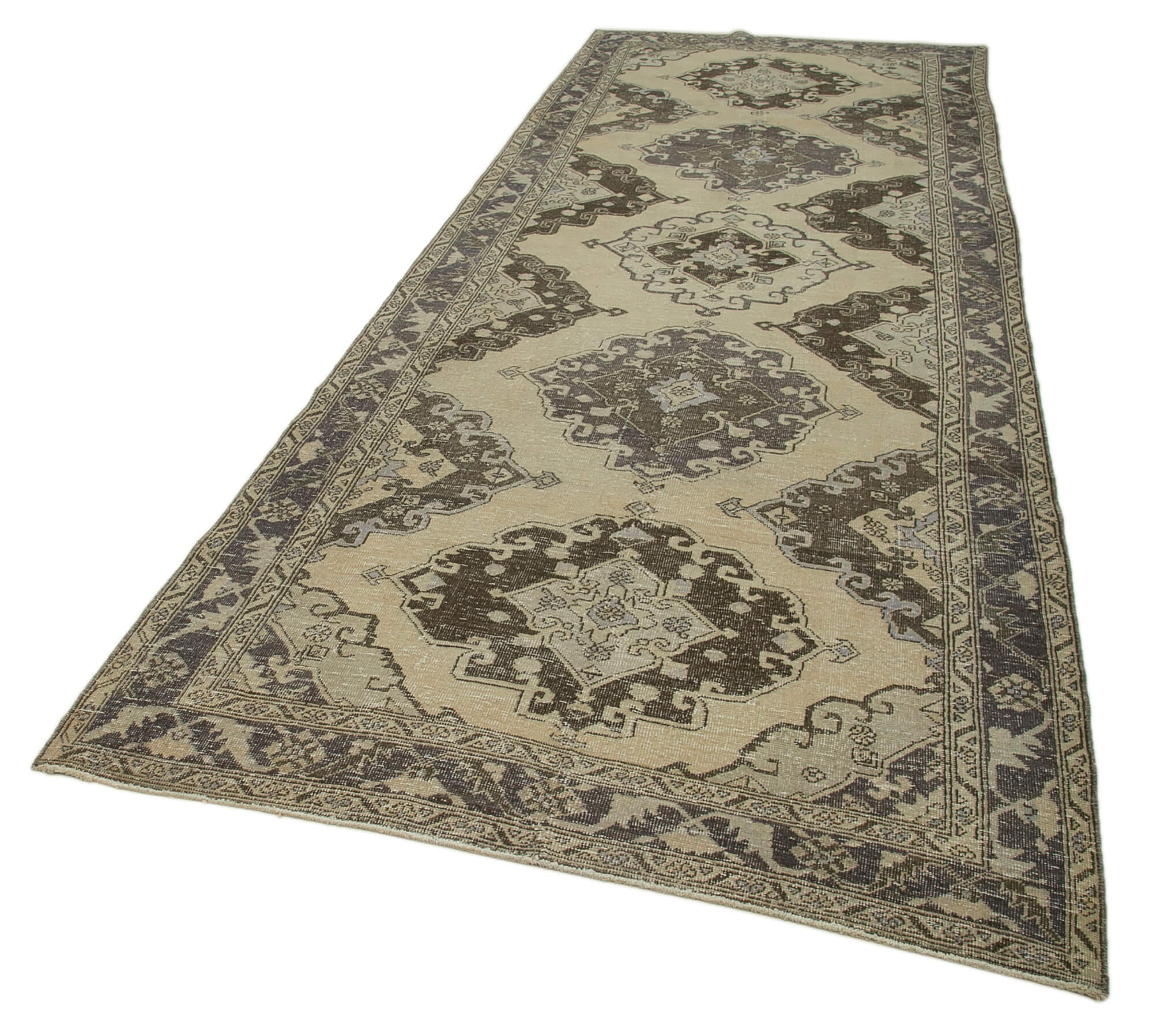 Handmade Vintage Area Rug | Classic Woven Cotton Wool Rug, Neutral Beige, 4'9'' x 13'3''
