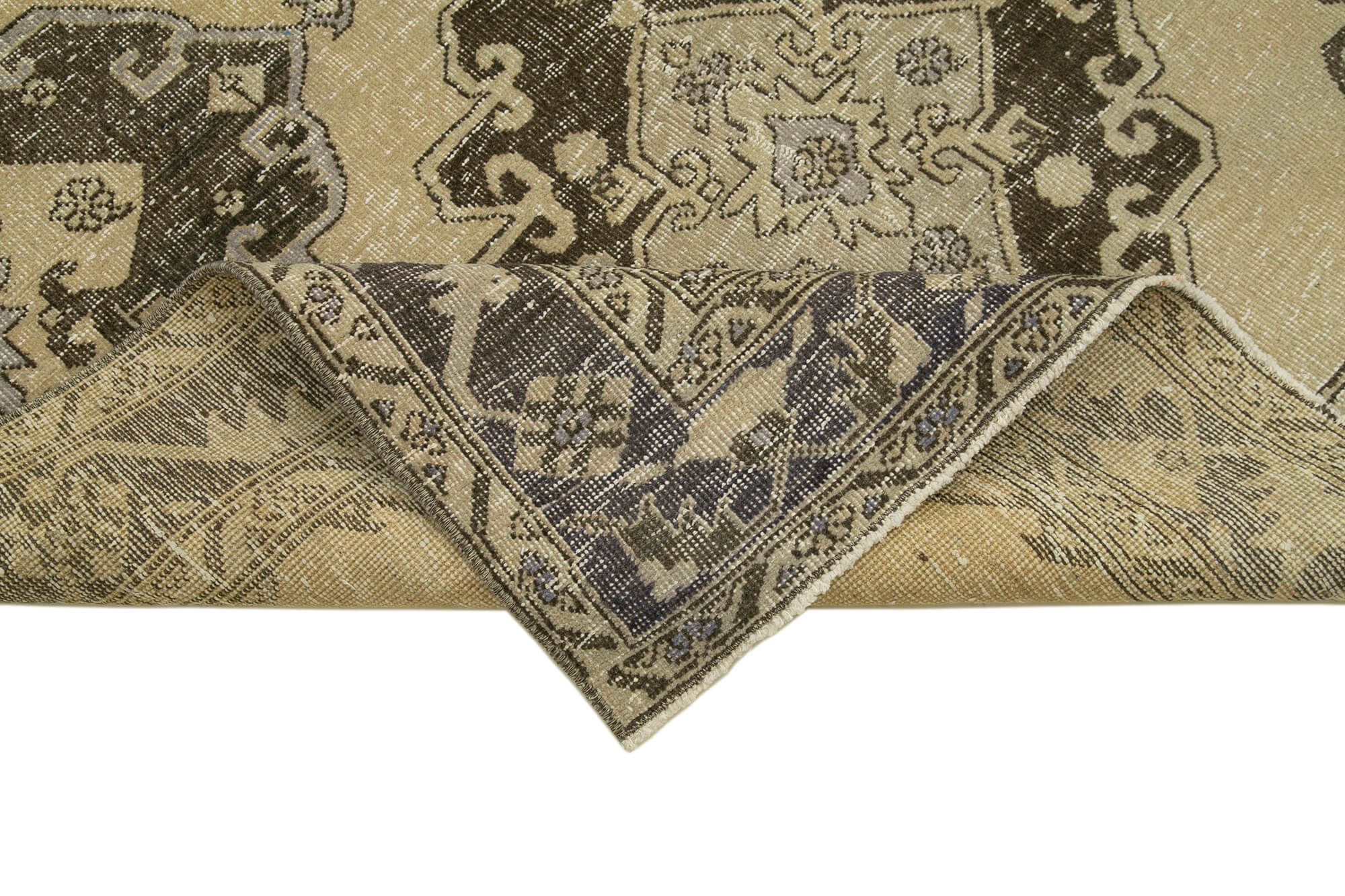 Handmade Vintage Area Rug | Classic Woven Cotton Wool Rug, Neutral Beige, 4'9'' x 13'3''