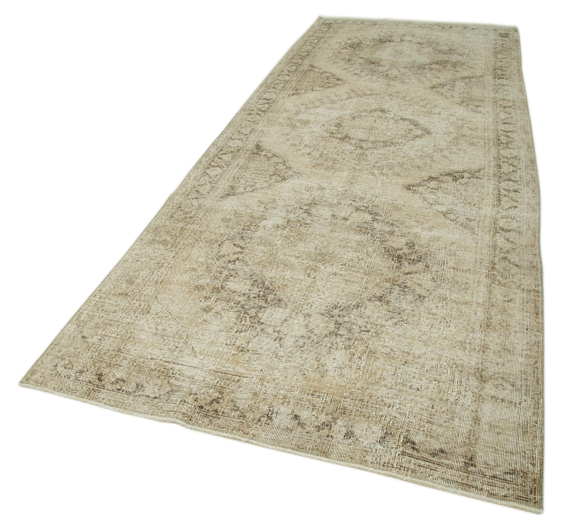 Handmade Vintage Area Rug - Beige Cotton Wool Blend | Soft Texture Vintage Rug 4'10''x12'7''