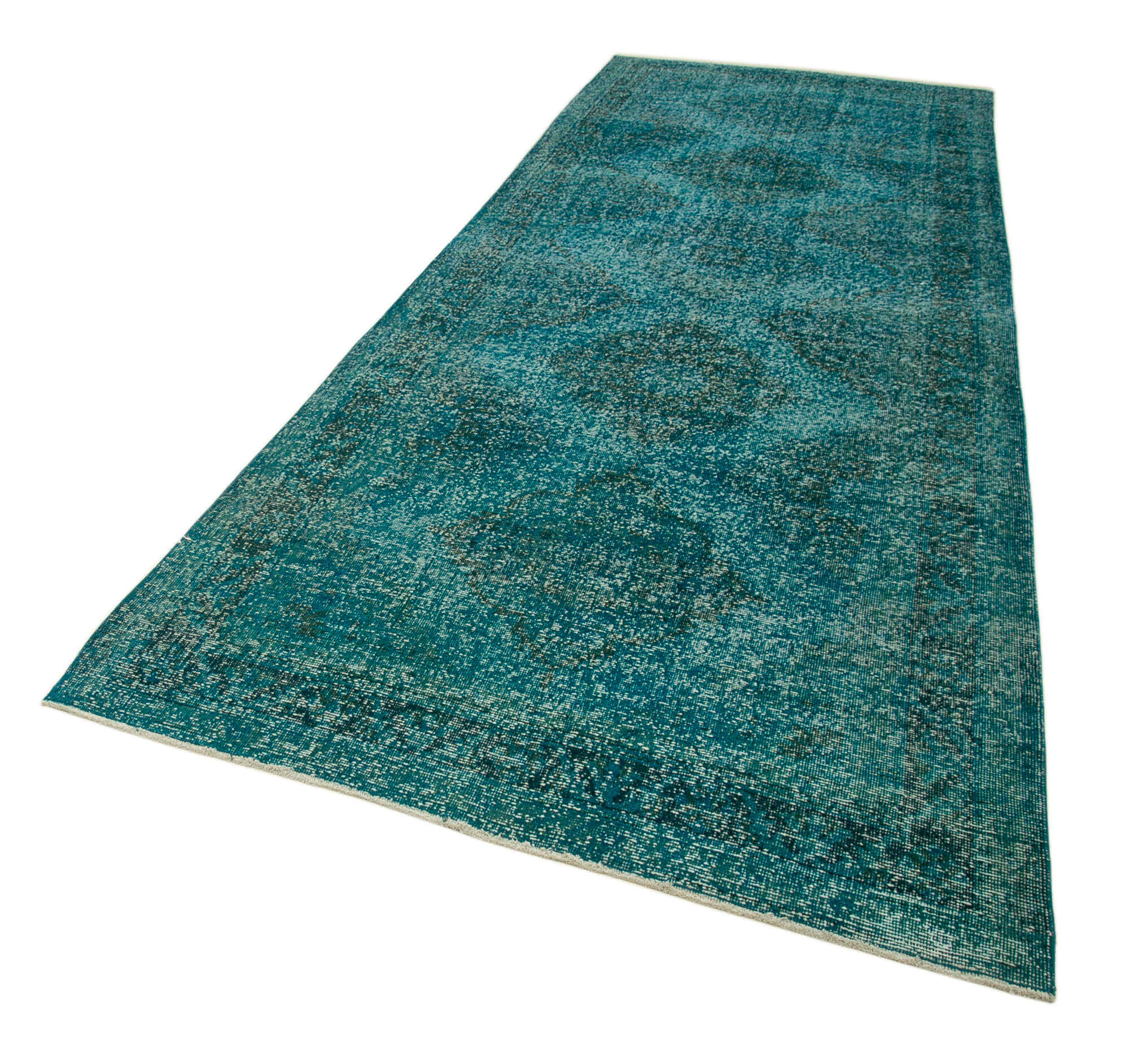 Handmade Vintage Area Rug - Turquoise Cotton Wool Rug 4'11''x13'3'' Bohemian Style