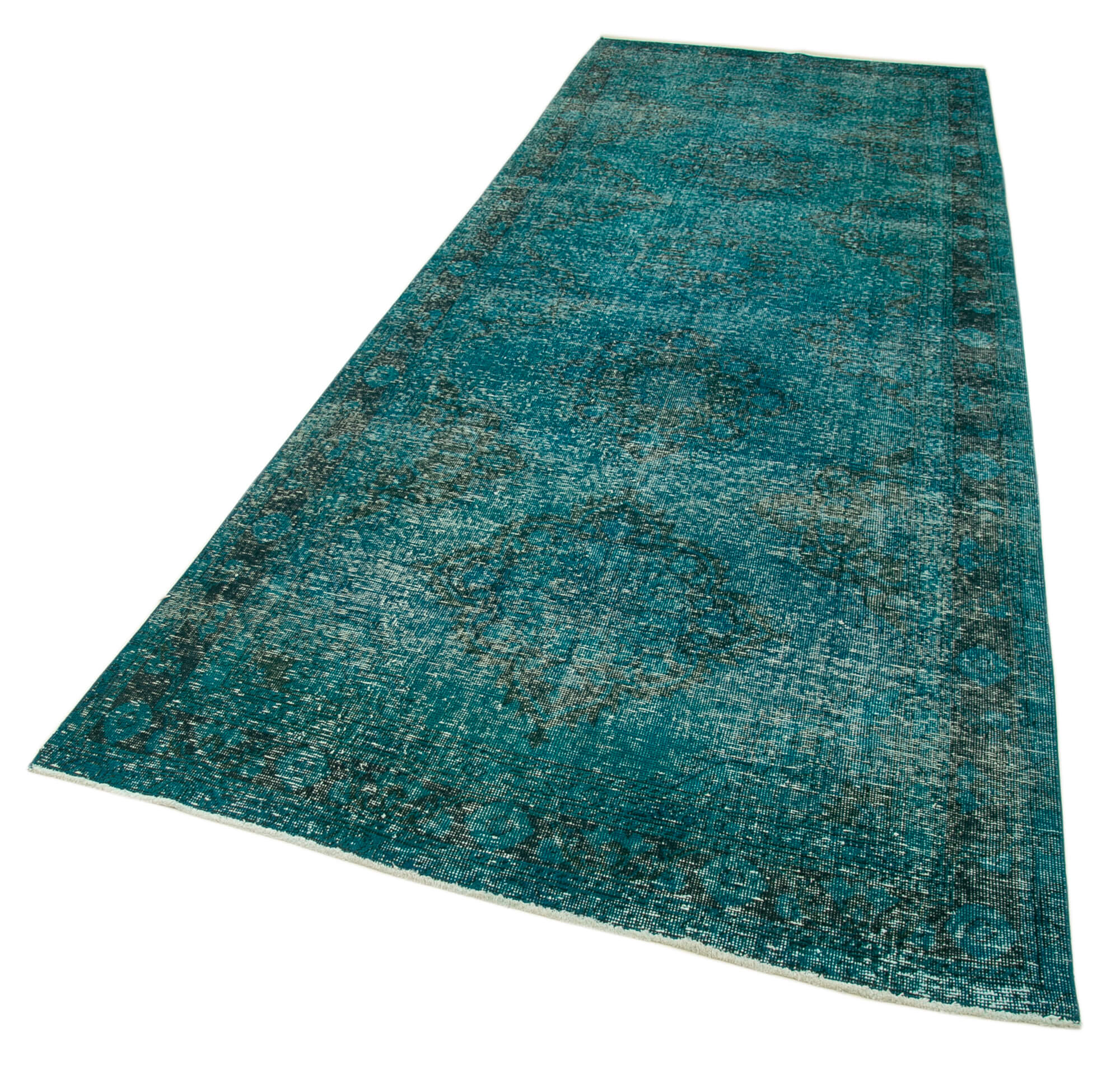 Vintage Handmade Area Rug – Turquoise Cotton Wool Carpet, Hand Woven Rug 4'8''x12'2''