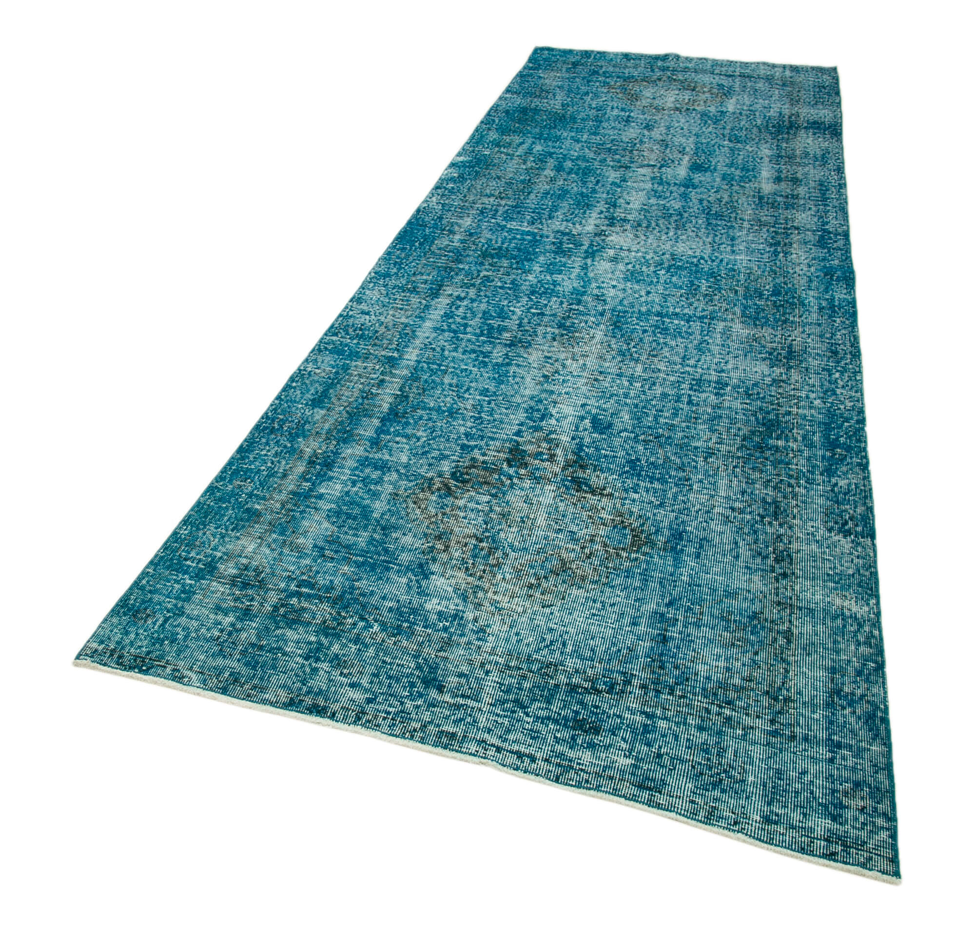 Vintage Cotton Wool Rug - Handmade Turquoise Long Runner Area Rug 4'4'' x 12'2''