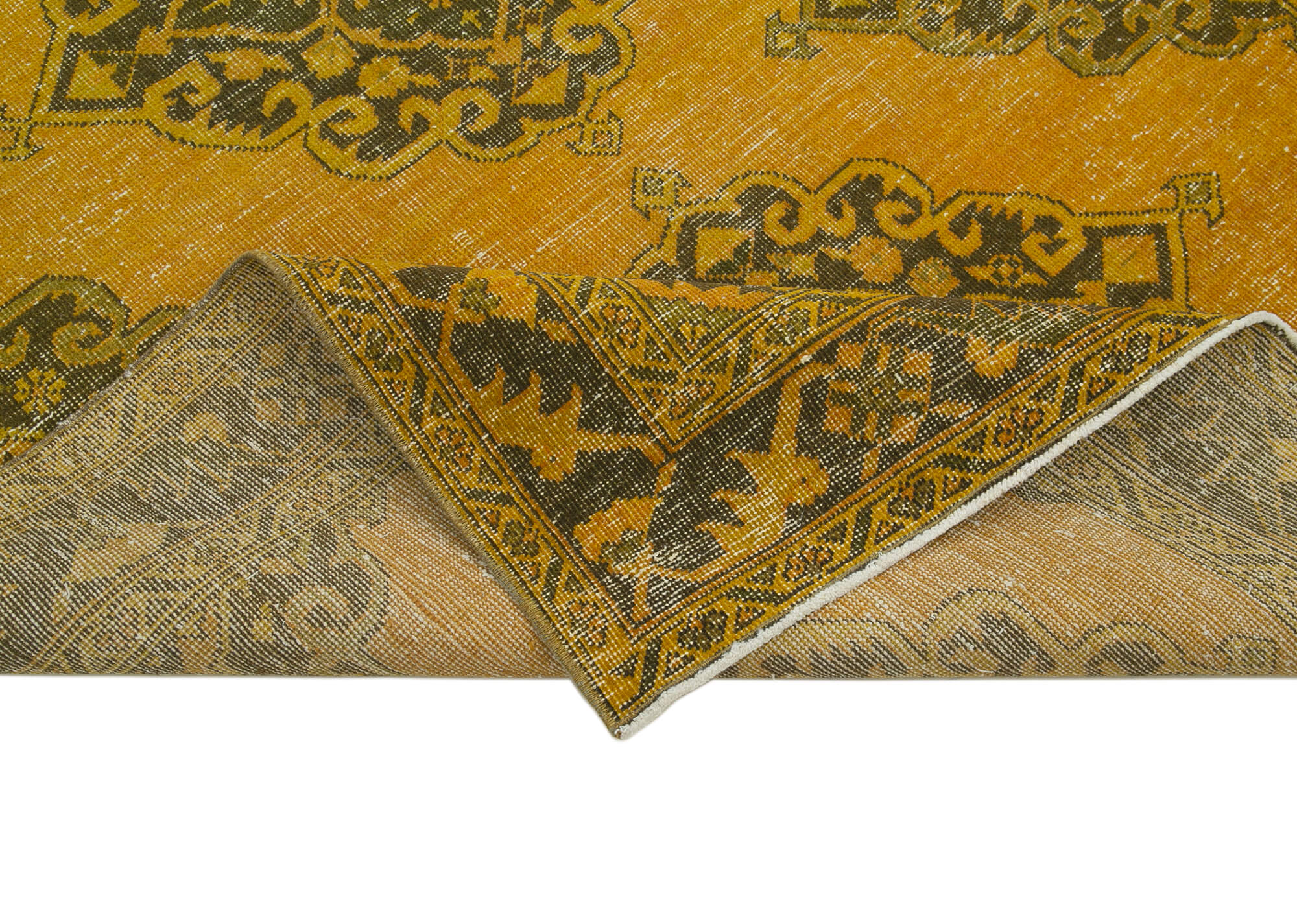 Handmade Vintage Area Rug - Zile Yellow Cotton Wool Rug 4'11'' x 12'7'' | Turkish Hand Knotted