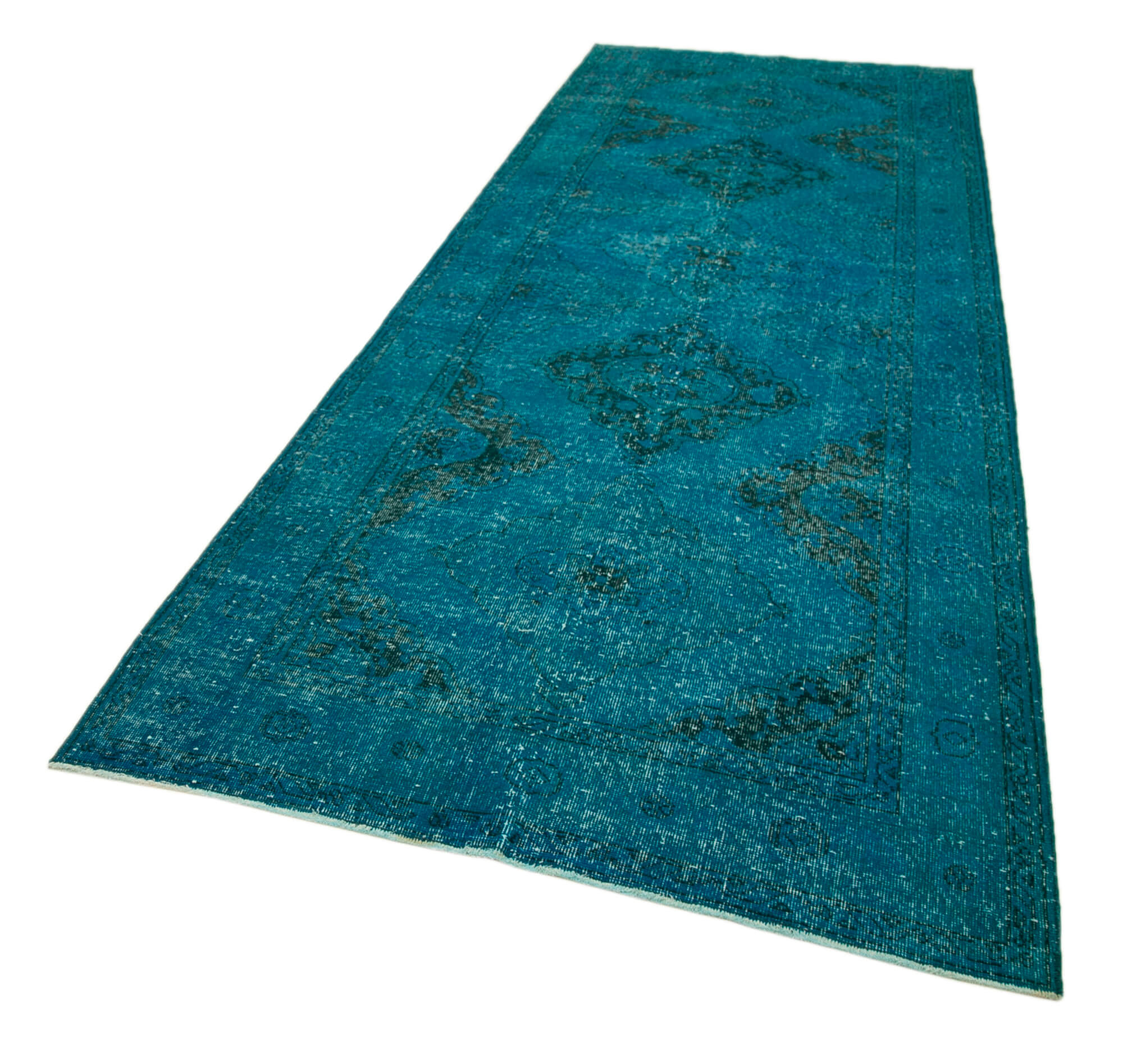 Vintage Cotton Wool Rug - Handmade Area Rug 4x13 ft Turquoise Wool Carpet