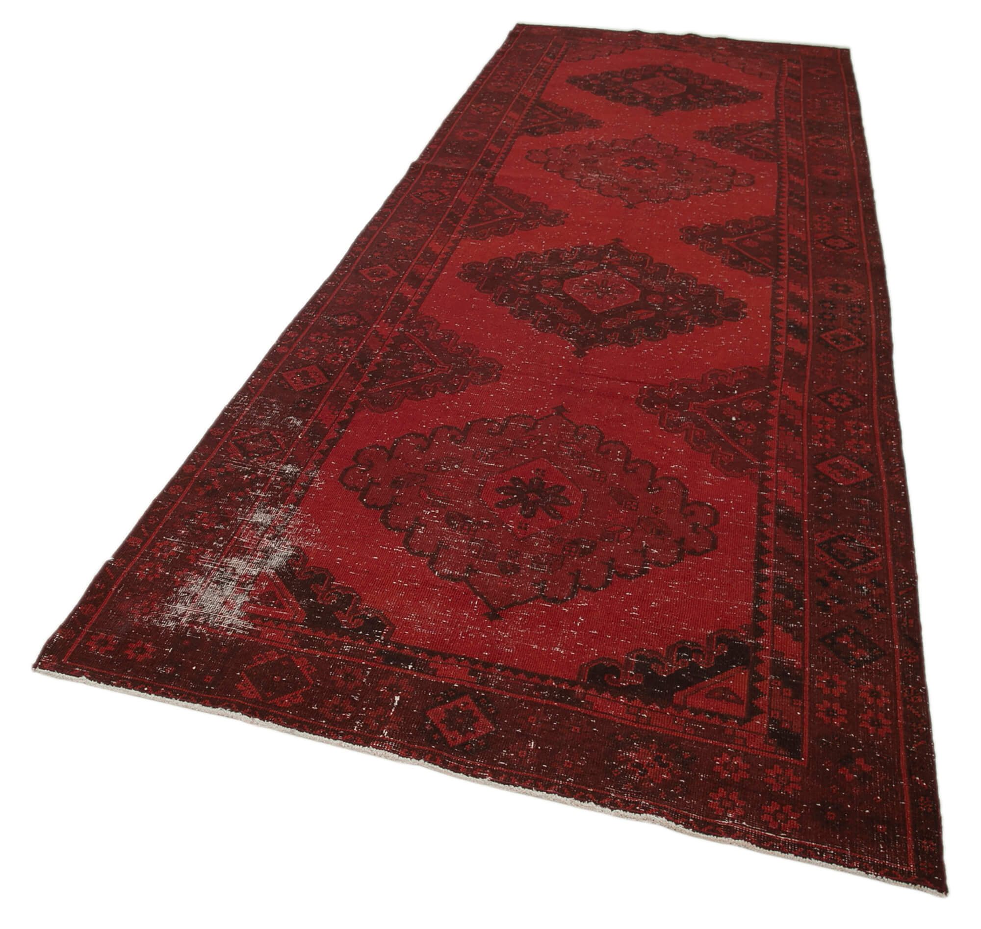 Handmade Wool Area Rug - Red Vintage Rug 4'7''x12'10'' | Turkish Cotton Wool Blend
