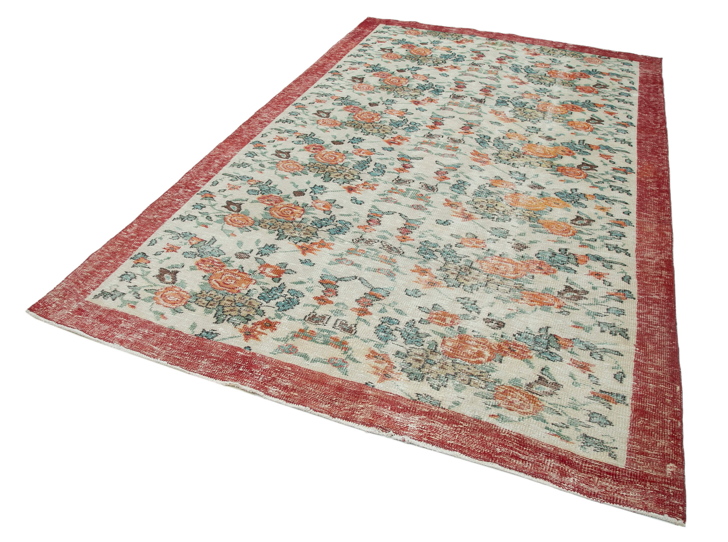 Handmade Vintage Area Rug – Beige Wool Carpet & Durable Cotton Weave 6'2''x9'8''